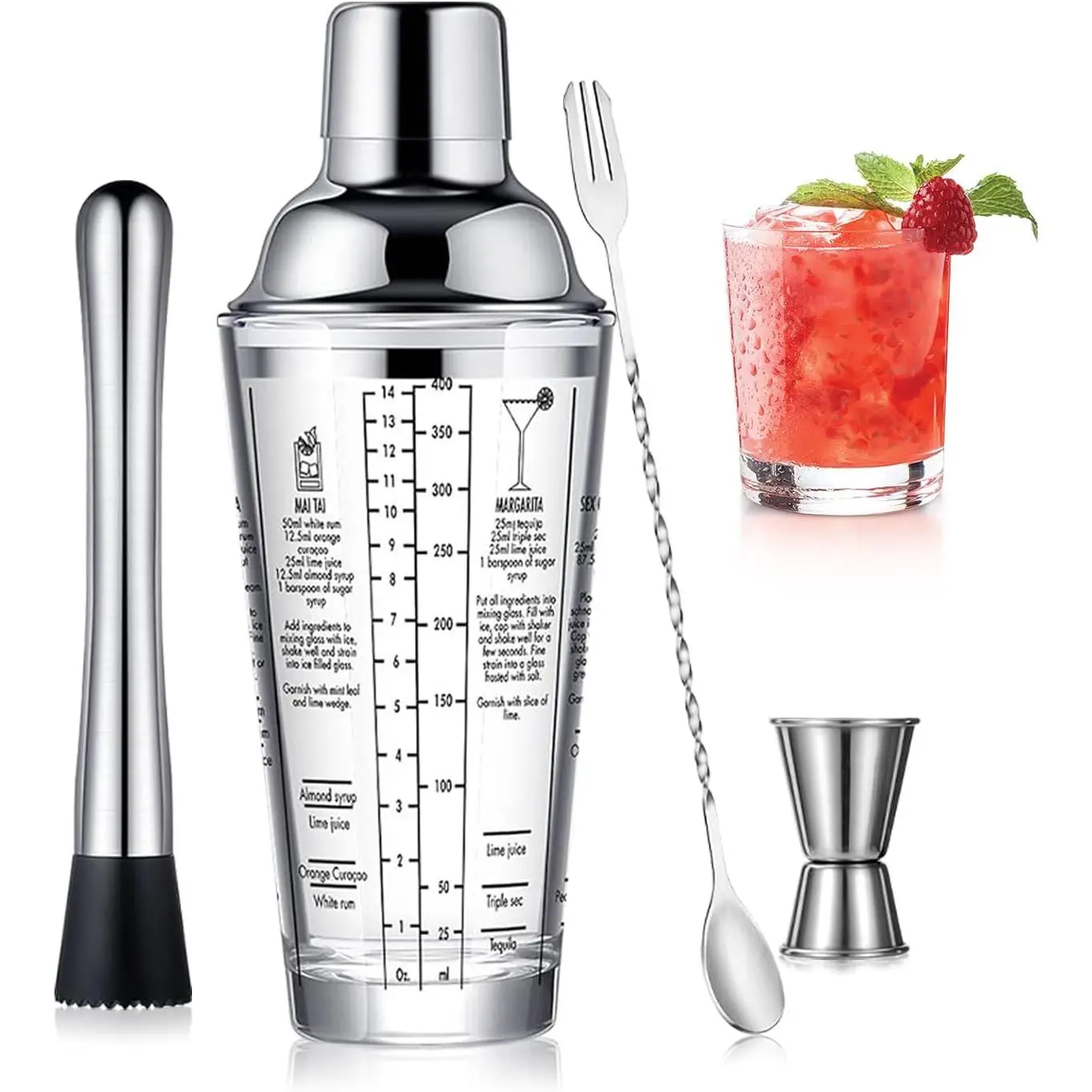 Glass  Shaker Set Mixing Bar Tools | Stainless Steel Leak-Proof Lid  Shaker Martini Shaker Beginner Bartender Kit with Jigger 22oz  Measurements