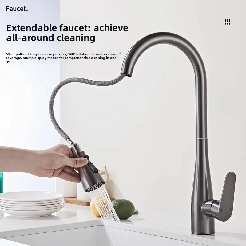 Stainless Steel Kitchen Single Hole Pull-Out Faucet, Cold and Hot Water, Splash-Proof, Extendable, Dishwasher Safe, Home Use, Kitchen Sink Faucet