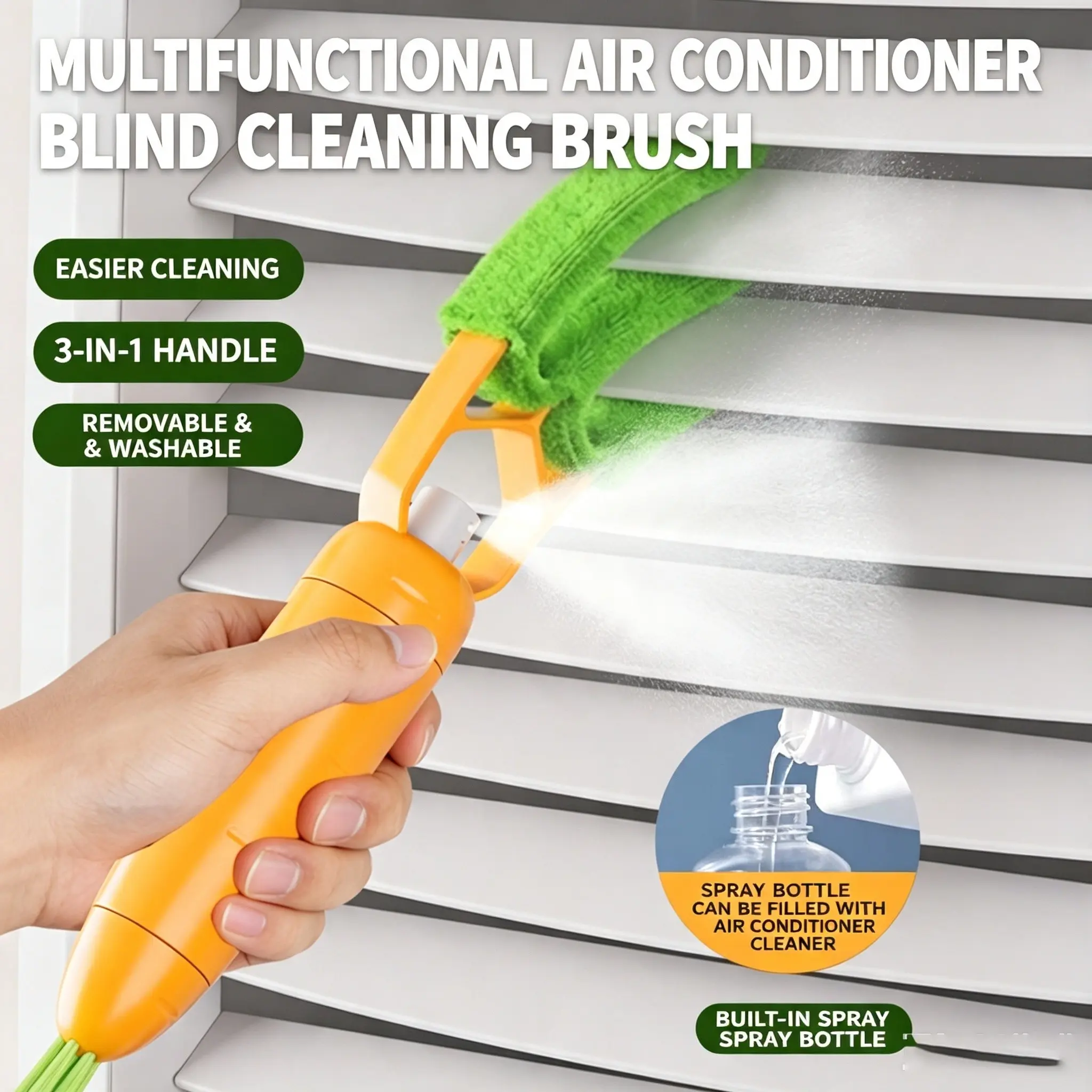Three-In-One Multi-Function Cleaning Brush with Spray Bottle, Curtain Blind Cleaner, Window Washer, Air Conditioner Vent Brush, Fan Blade Cleaner