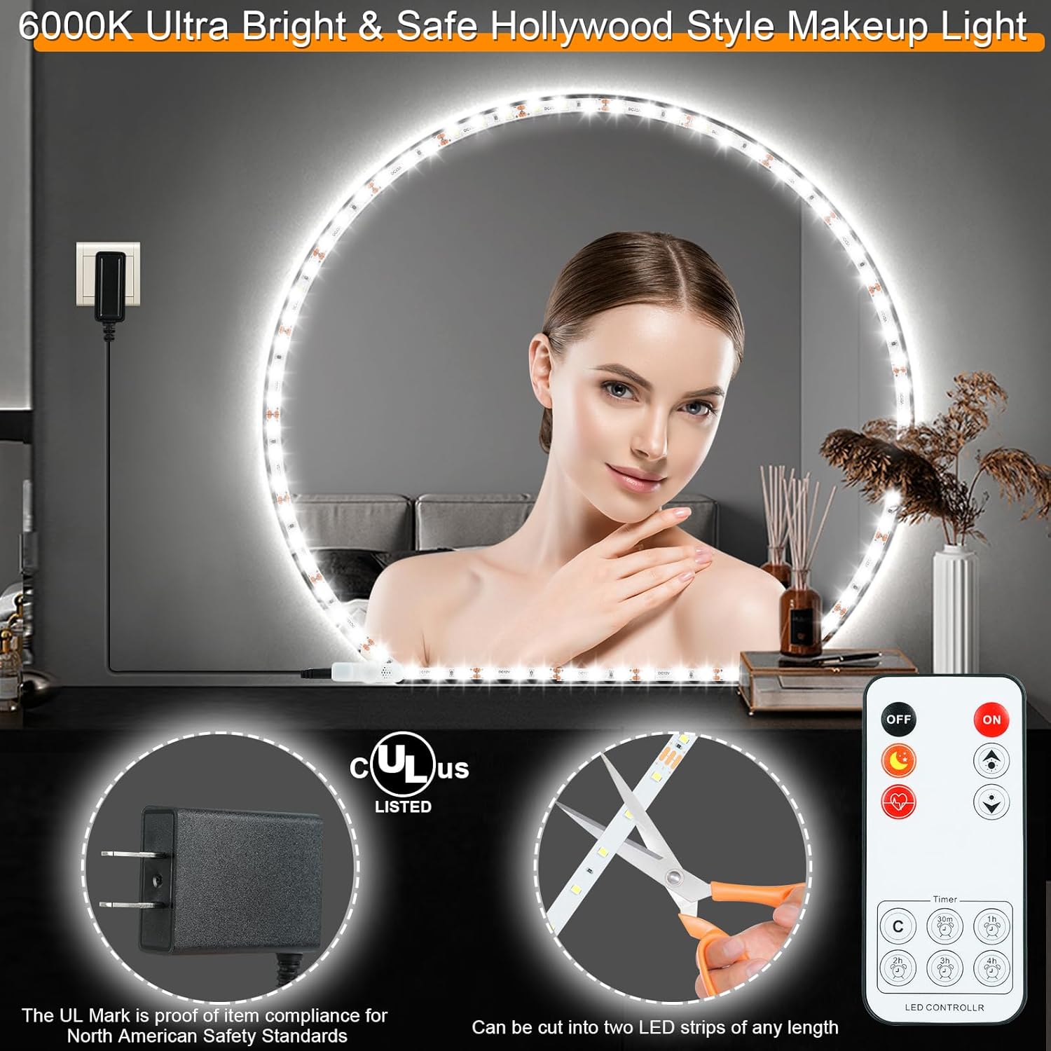 LED Vanity Mirror Lights for Makeup Dressing Table Vanity Set 13ft Flexible LED Light Strip Kit 6000K Daylight White with Dimmer and Power , DIY Mirror, Mirror not Included