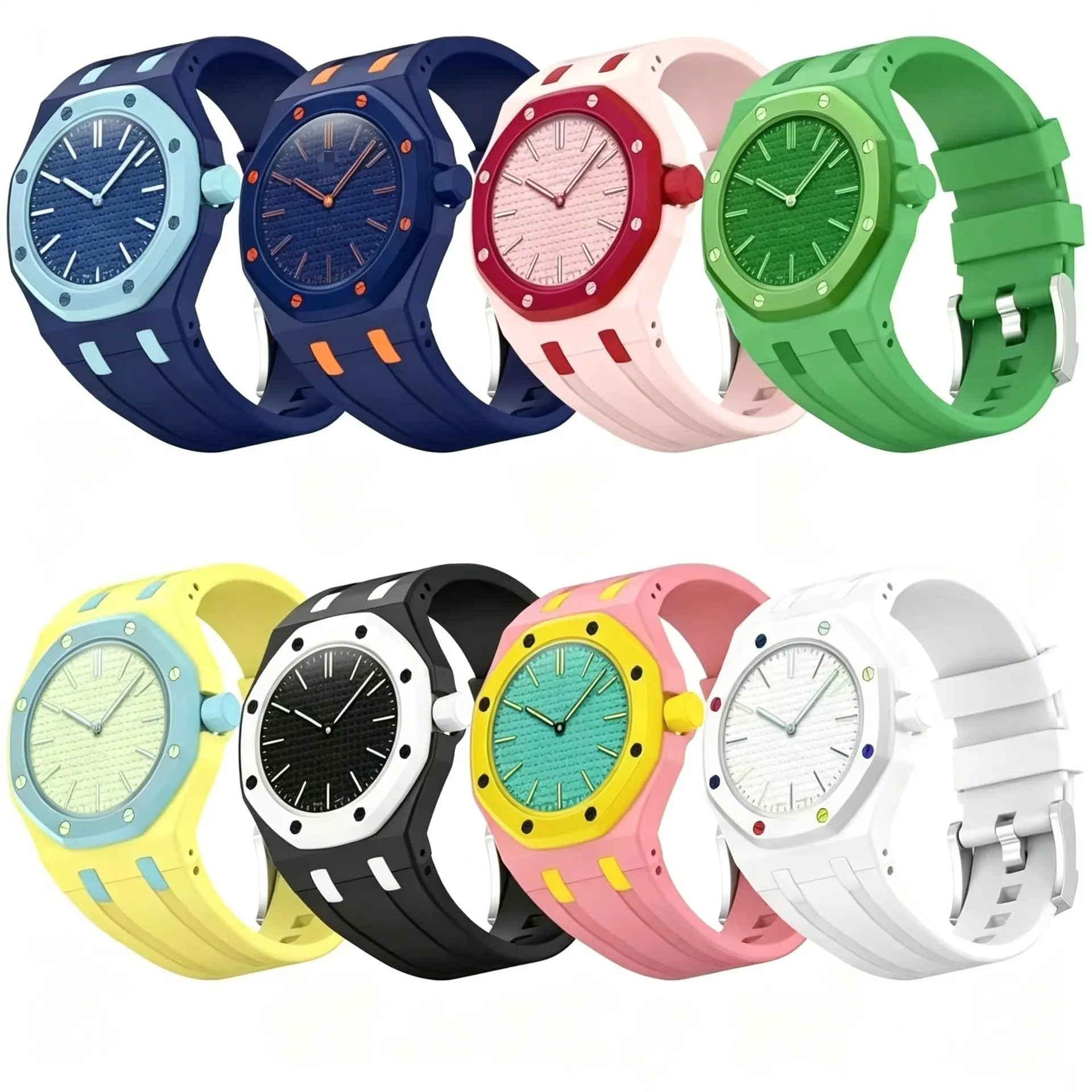Geometric Octagon Watch Matching Kit Vivid Multicolor Silicone Strap Wristwatch & Lightweight Pendant Pocket Watch Unisex Outfit Decor