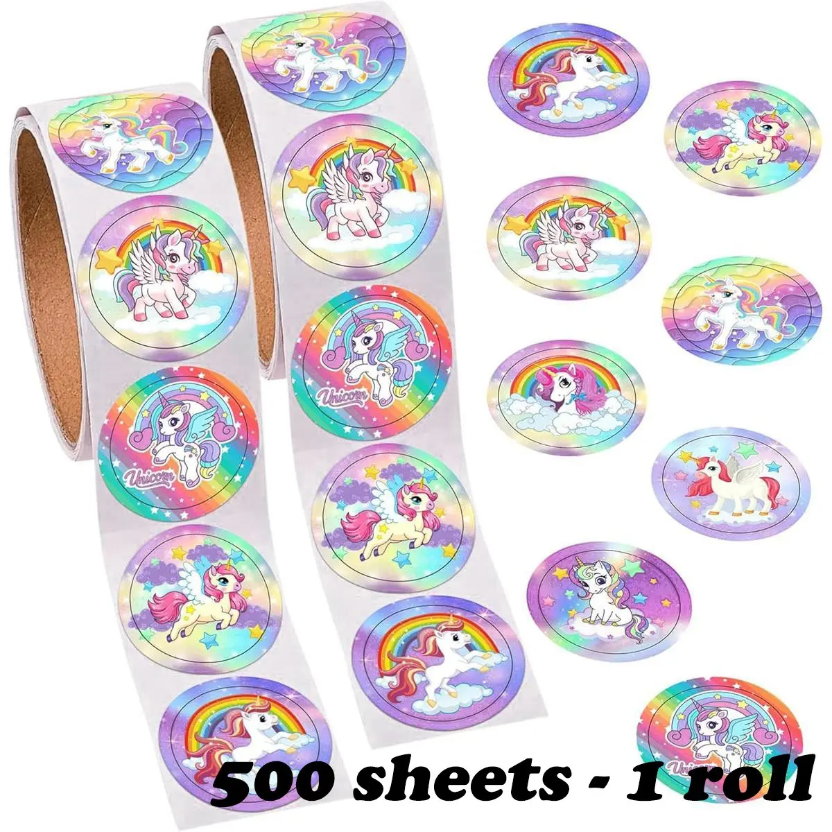 500 Sheets Rainbow Unicorn Stickers, 2.5cm/1 Inch, Ideal for Stationery, Laptop, Phone Case, Gift Decor, Seals, and Labels