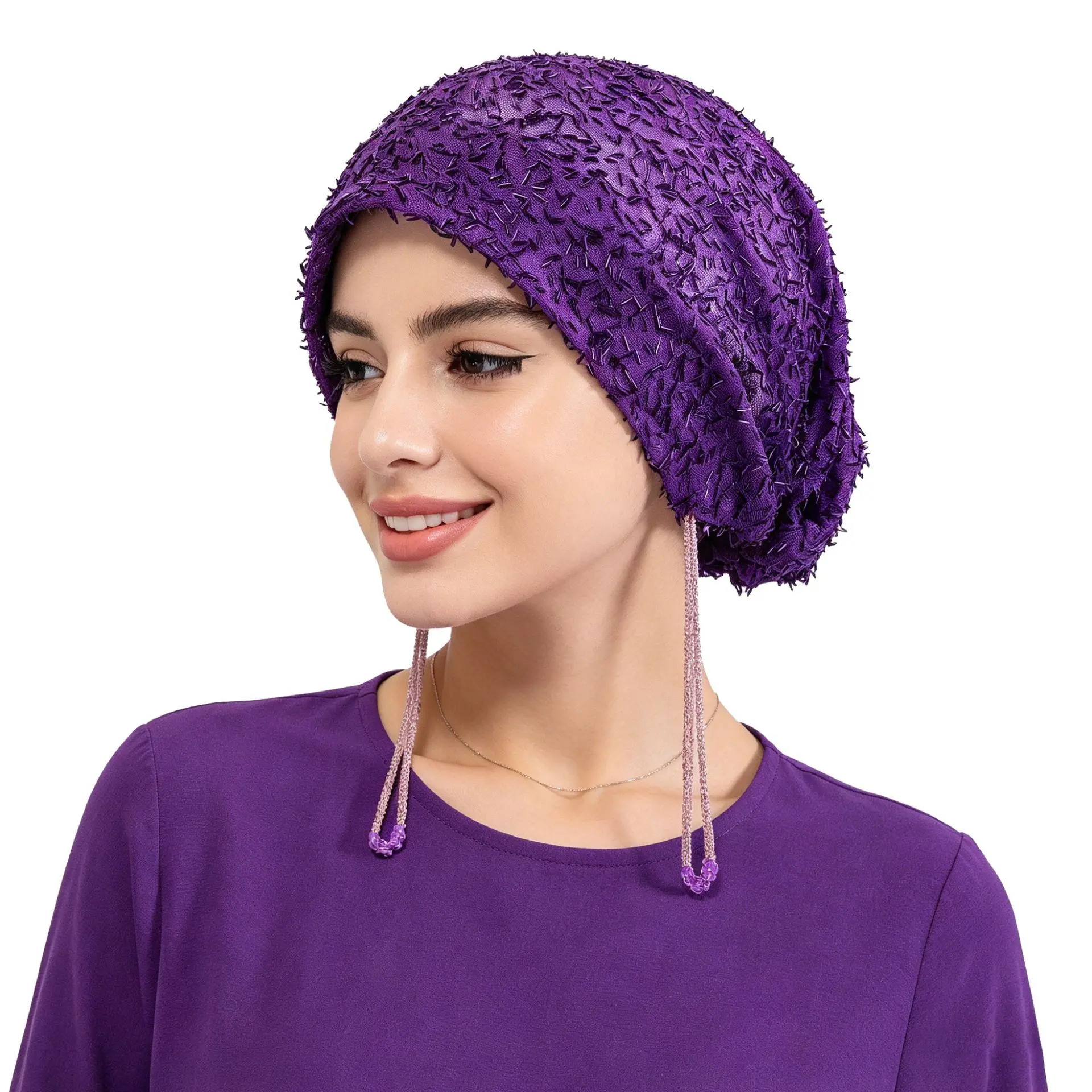 Modest Fashion Textured Fringe Lace Turban Bonnet Hat - Slip Resistant Fit, Beaded Tassel Cords, Eyelash Texture, Soft Breathable Hair Cover, One Size Fits Most, Party Daily Wear