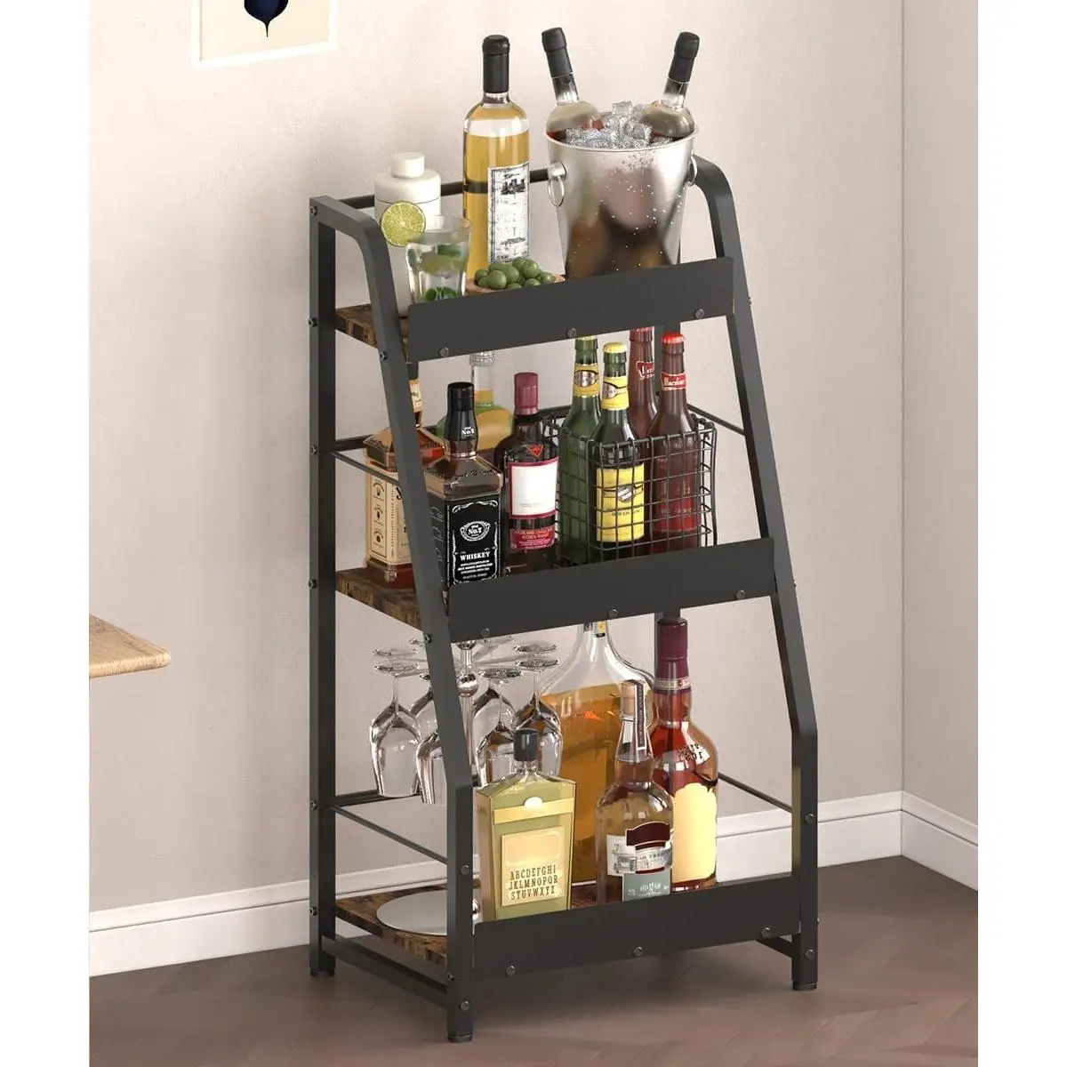 Black Single Unit 3-Tier Metal Frame Liquor Stand - Trapezoid Freestanding Whisky Bottle Holder with Fences, Stepped Tiers 3-Levels Versatile Corner Floor Indoor Furniture for Home Bar Storage