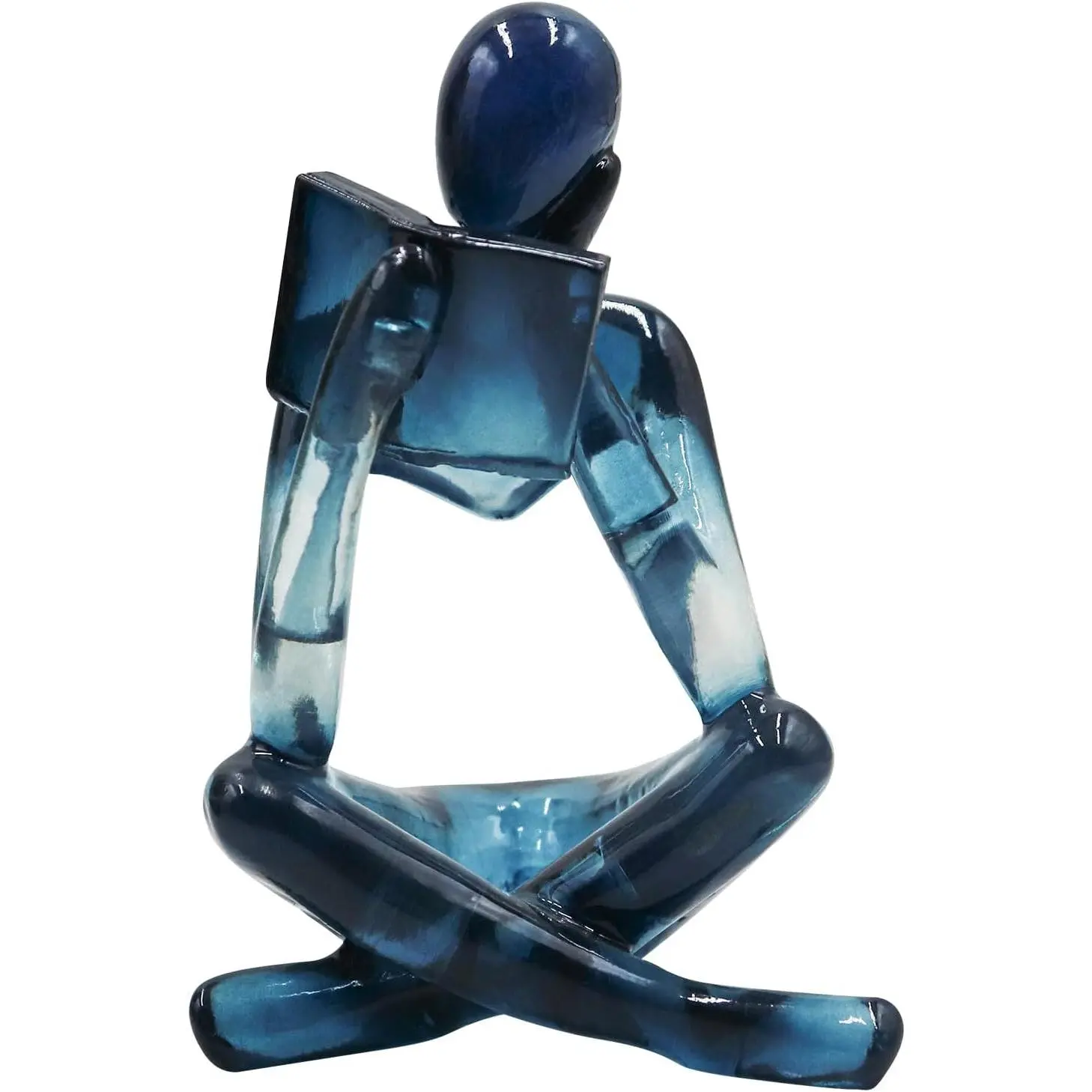 Artistic Reading Women's Statue - Smooth Translucent Blue Resin Thinker Sculpture, Glossy Decorative Abstract Art Figurine, Gift for Home Living Room Office Shelf Decor, Living Room Decor