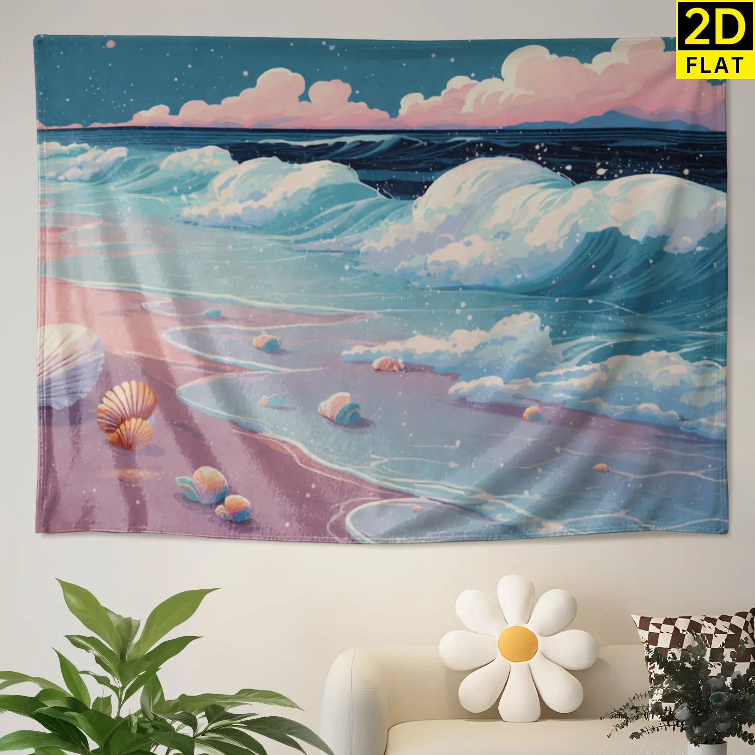 Large Pink Ocean Beach Seashells Aesthetic Polyester Wall Tapestry - Colorfast Artwork, Room Decor for Living Room, No Installation Required, Indoor-Outdoor Wall Hanging, Gift Idea for Family