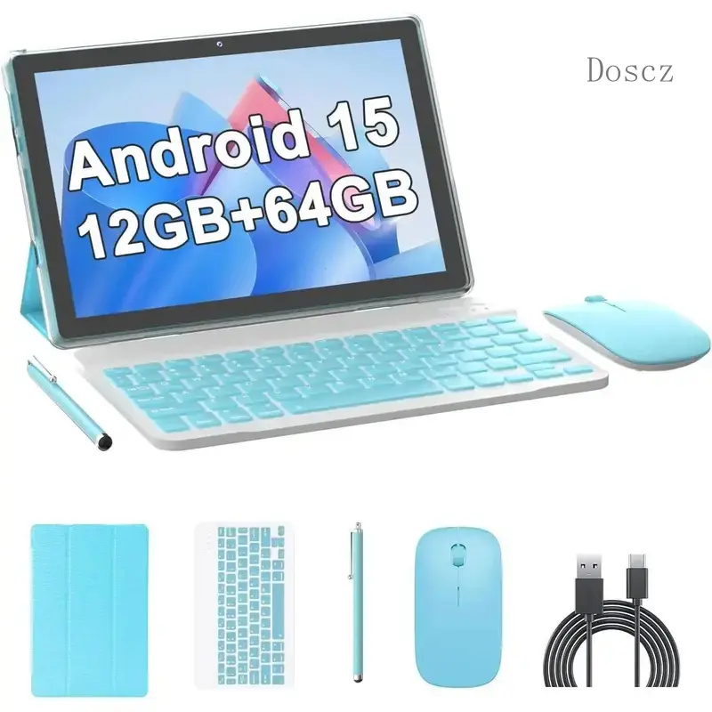 10-Inch 2-in-1 Tablets with Keyboard, Mouse, Case, Stylus - 64GB ROM+12GB RAM(4+8 Expansion), 1TB Memory Expansion Support, 2MP+8MP Dual Camera, 6000mAh Battery, 5G, Card Slot, Flash Function