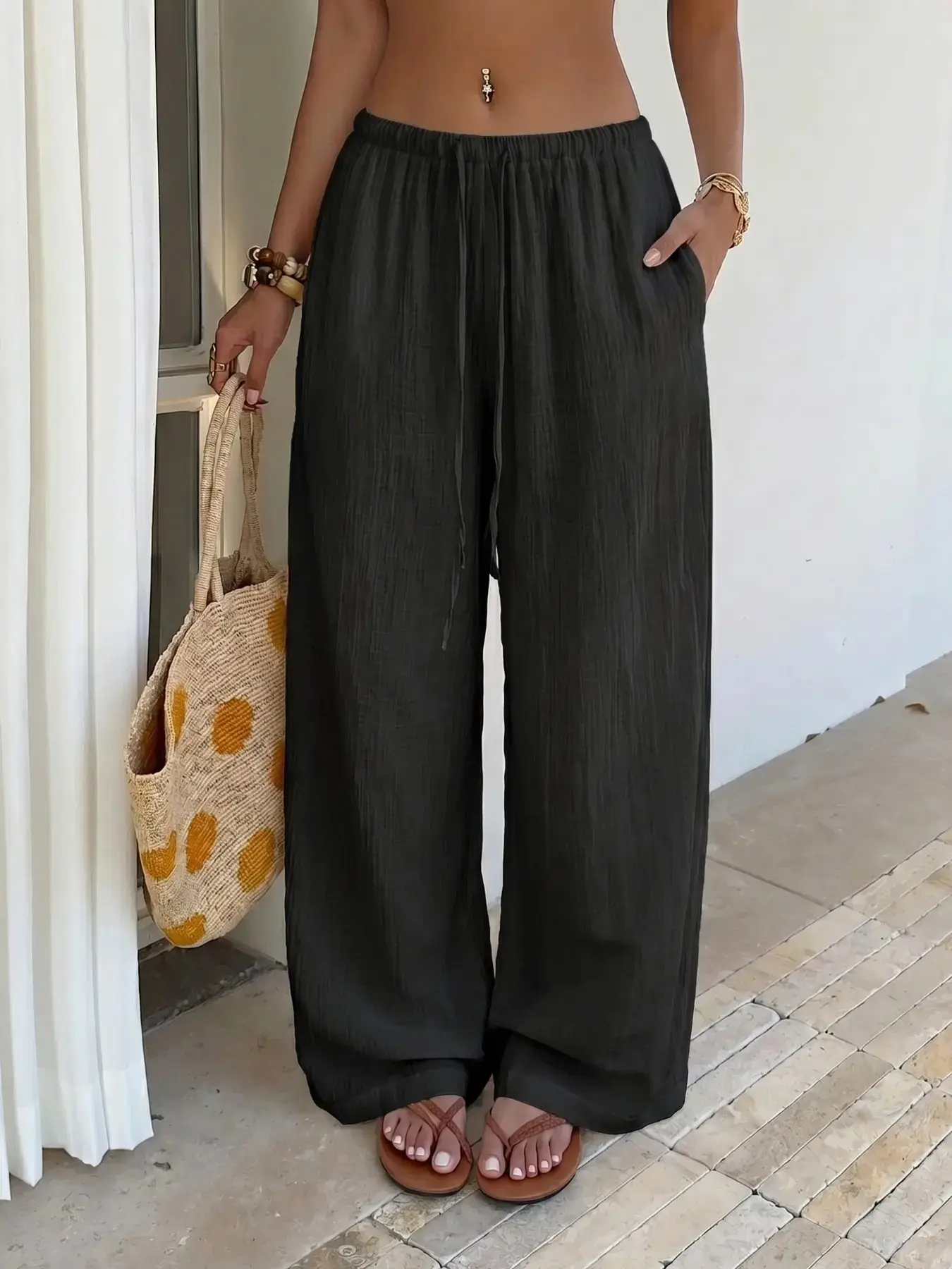 Lightweight Sheer Pleated Wide-Leg Pants for Women with Drawstring Elastic High Waist Design and Side Pockets, Featuring Loose and Flowy Wide Legs; Breathable and Cool to Wear, Ideal as Summer Beach Cover-Up with Bohemian Style, Suitable for Vacations