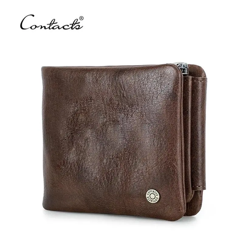 CONTACT'S Genuine Leather Men's Foldable RFID Trifold Wallet - Small Short Card Holder with Buckle, Flap, Zipper Coin Pocket, Business Use, Do Not Wash Purse