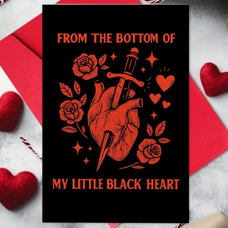1 SET of dark gothic-style heart-shaped cards featuring perforated heart and rose designs, perfect for expressing deep emotions. Ideal as a Valentine’s Day or anniversary gift for gothic-loving couples. Also great as a Christmas gift.
