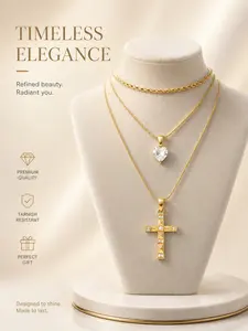 Stainless Steel Rhinestone Necklace Set, Heart Rhinestones, Braided Chain, European Style Layered Necklaces, Classic Cross + Fashion Elements