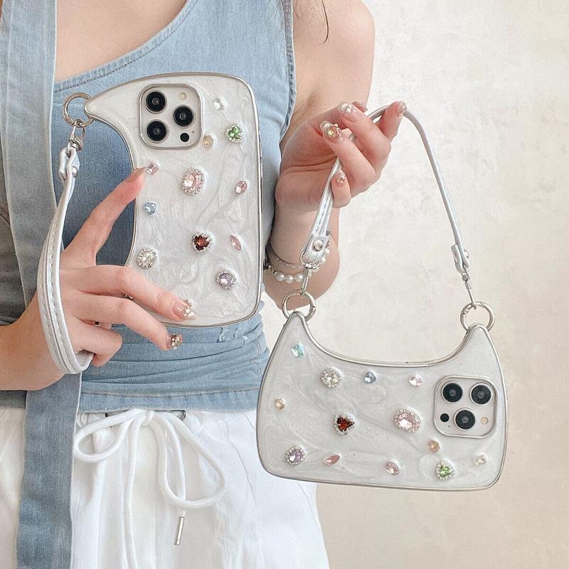 [Free !ship] ( Hand Lanyard ) Glitter Bling Diamond & Heart Sparkle Case for iPhone 17 Pro Max 16 15 14 13 Pro Max for Women Girls Crystal Wristband Bracelet Shockproof Cute Pretty Love Luxurious 3D Rhinestone Decorate Silicone Soft Shell Back Cover