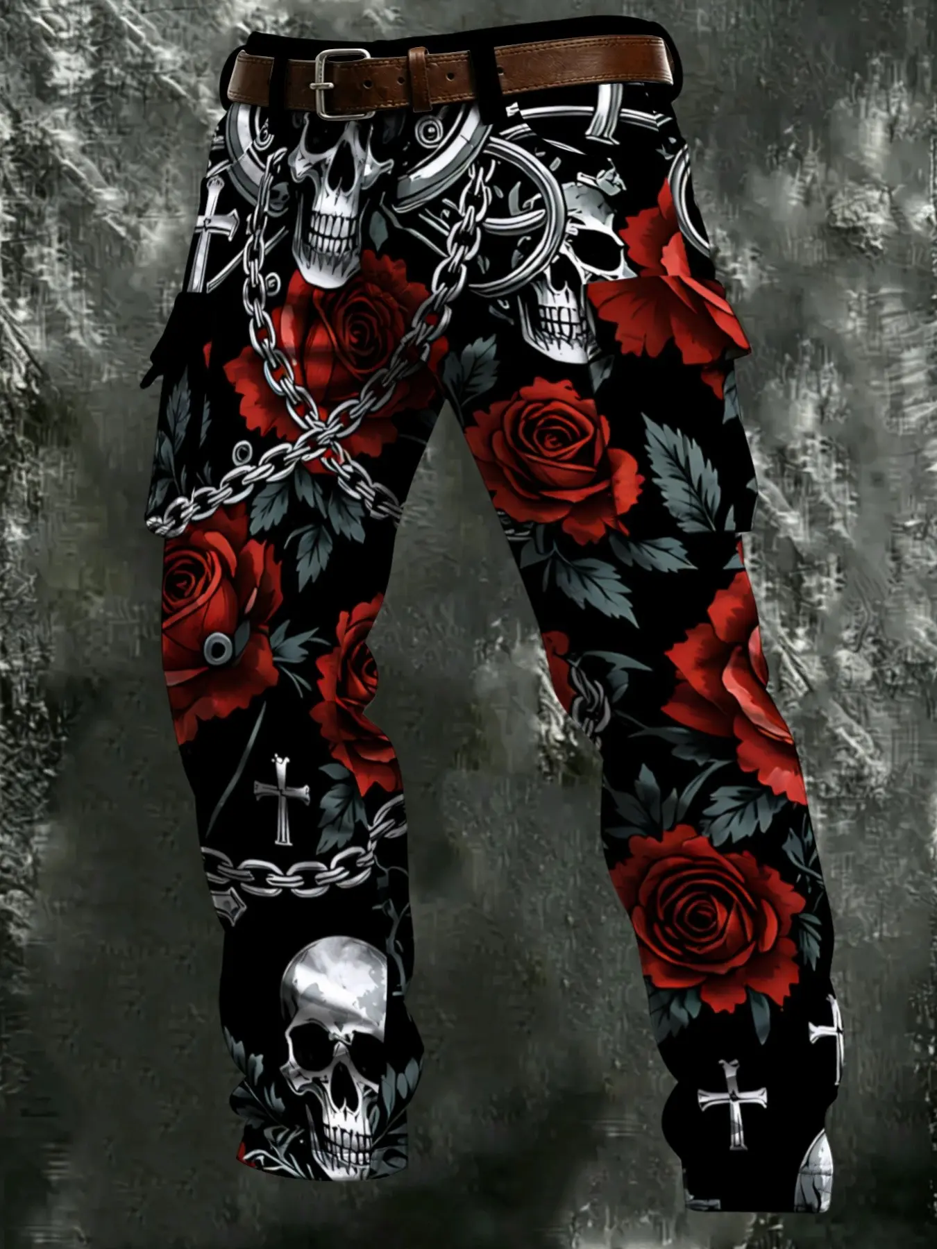 New Base American Tattoo Rose Skull Chain Cross Print Work Pants, Vintage Realistic Floral Skull Print, Men's Loose Wide Leg Straight Work Pants
