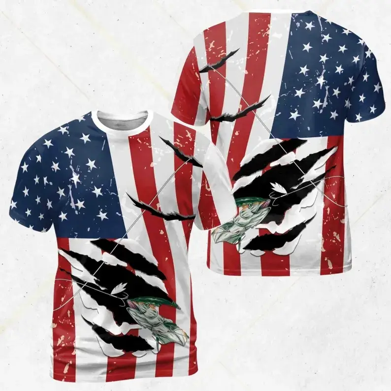 Unisex American Flag Bass Fishing Sublimation Tee, Patriotic Ripped Claw Print Shirt for Largemouth Angler Lovers, Gift for Him