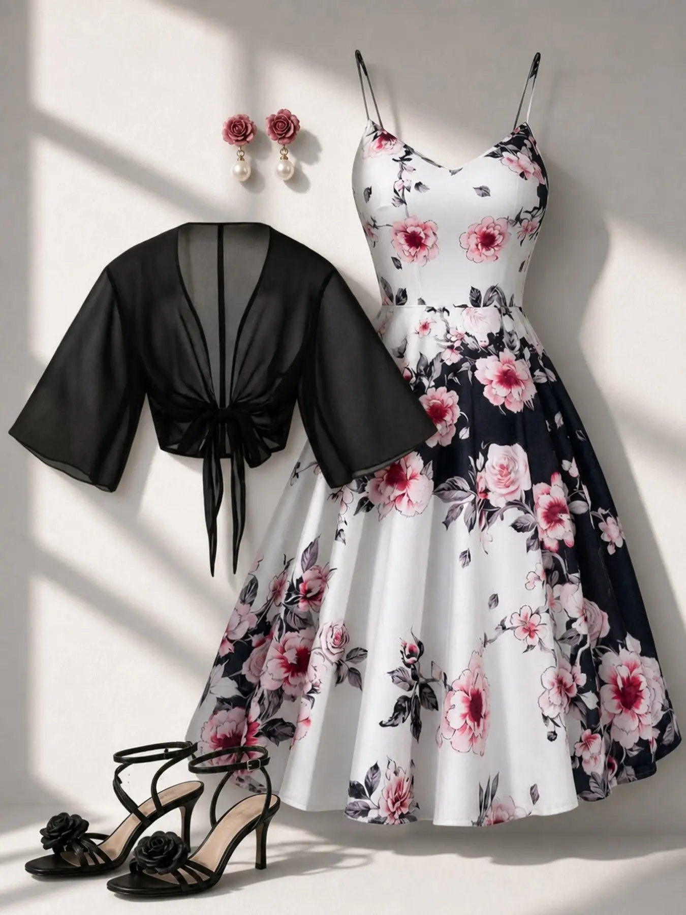 Women's Irregular Floral Print Dress, V Neck Halter Top, Short Sleeve Blazer Set, Two-Piece, Casual Fashion Ensemble