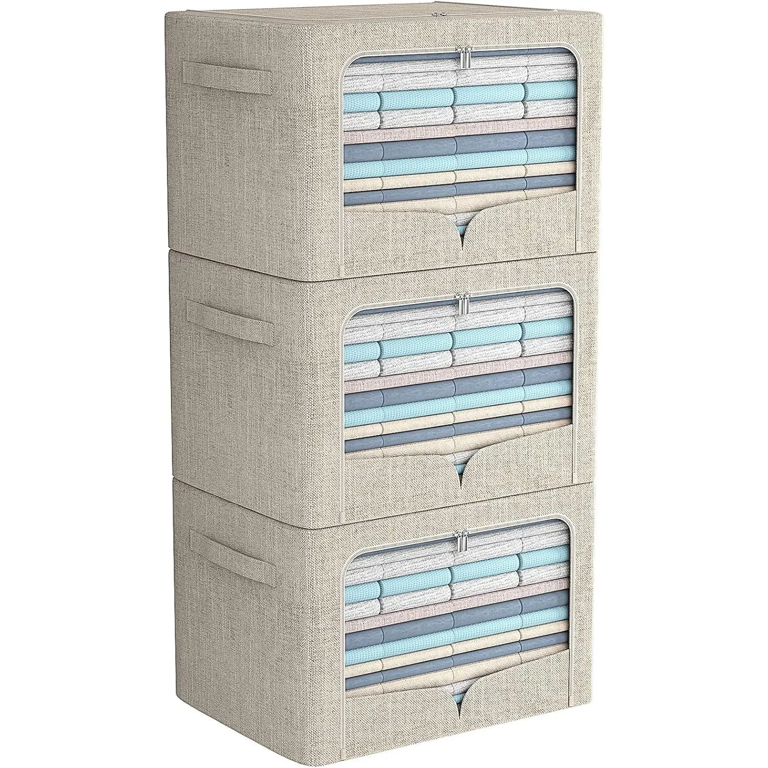3 Pack Clothes Storage Bins - Foldable Metal Frame Storage Box - Stackable Linen Fabric Container Organizer Set with Carrying Handles and Clear Window (Beige, 15.7x11.8x7.8inch(22L))