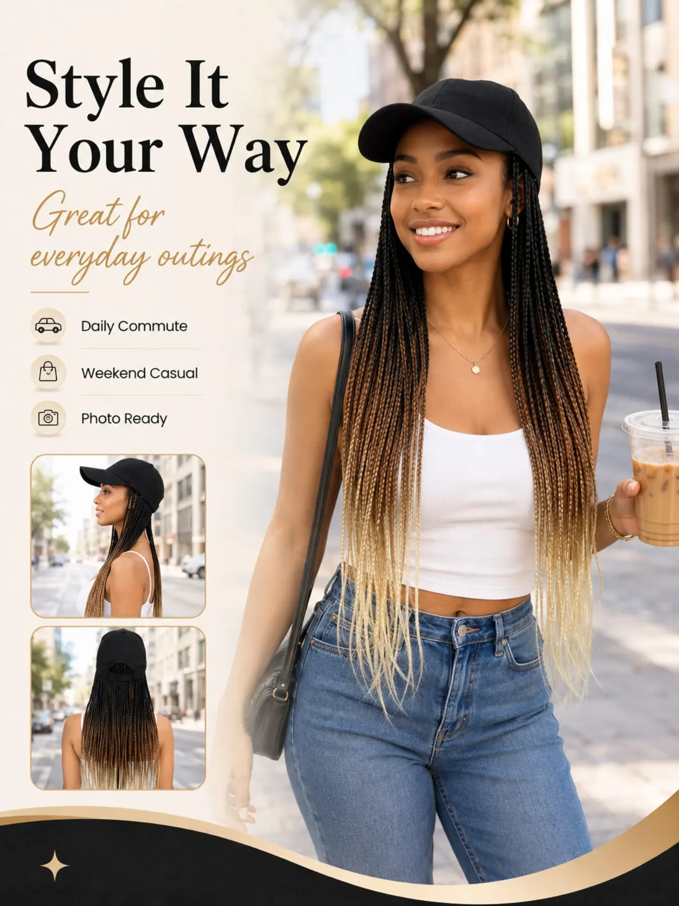 26 Inch Braided Baseball Cap Wig for Women, Black Brown Blonde Ombre Long Braids Wig, Ready to Wear Cap Hair for Daily Style, Travel & Casual Outings