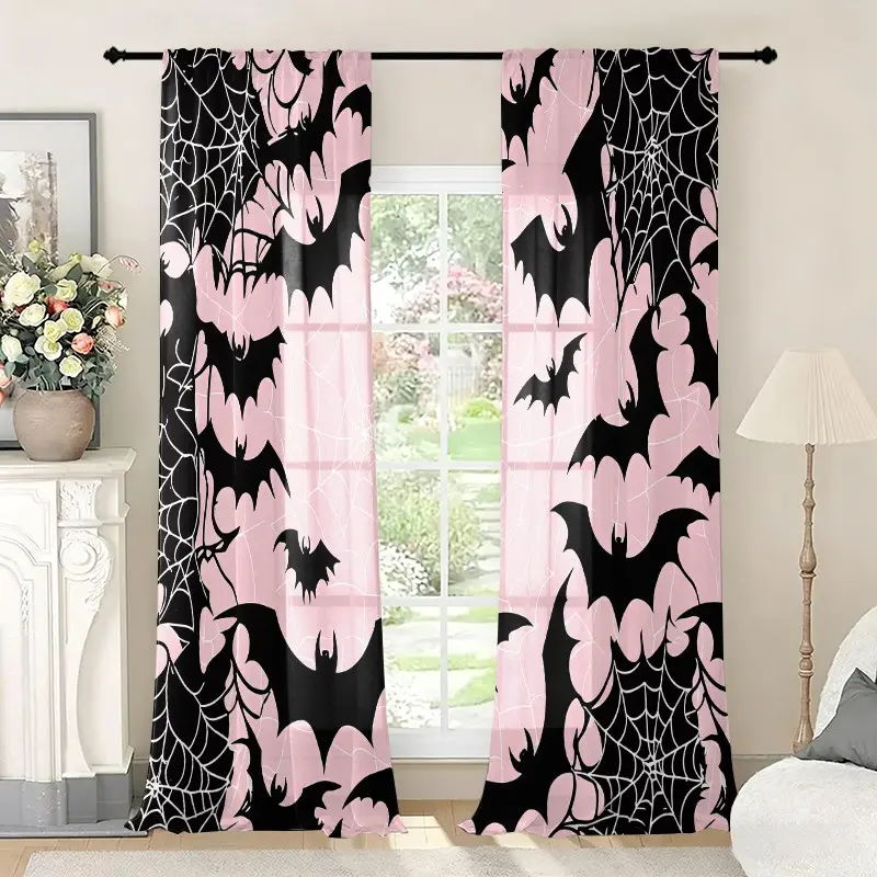 2pcs Light Bat Spider Web Print Sheer Curtains, Polyester Semi Transparent, Rod Pocket, Fade Resistant, Halloween Bedroom Decor