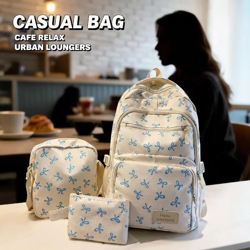 Women’s 3-Piece SW-Lightweight Backpack Set, Bow Pattern Daily School Bags, Backpacks for Women