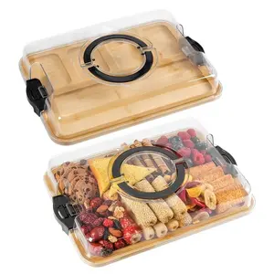 Bamboo Charcuterie Tray with Lid, clear lockable cover and handle design, 5-compartment serving platter for cheese cold cuts and snacks, kitchen organization and picnic essentials for outdoor gatherings and home party serving, Reusable Food Containers