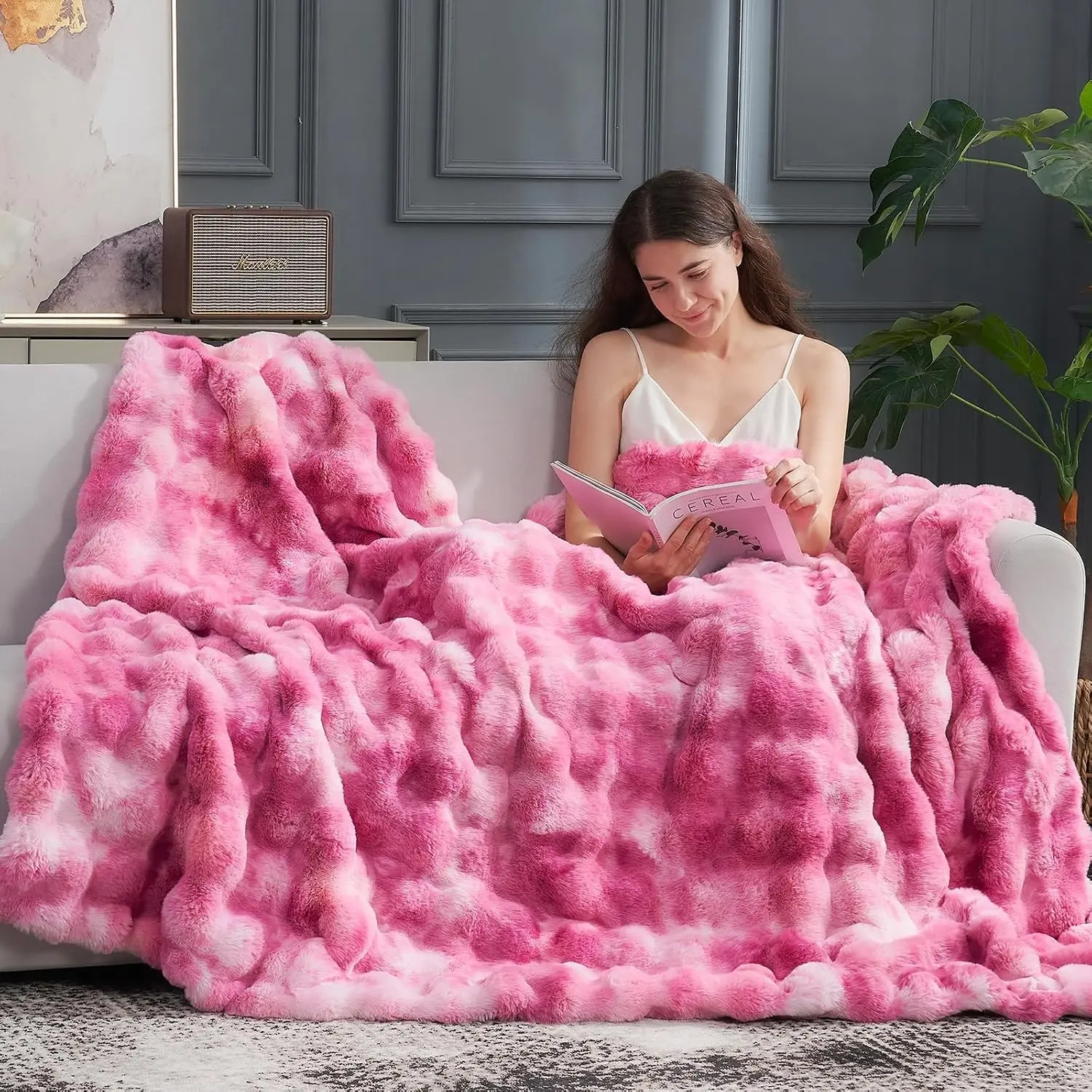 60x80 in Plush Faux Fur Bubble Pattern Throw Blanket, Tie Dye Pink Fuzzy Thick Couch Blanket for Bedroom Living Room, Tie Dye Patterns