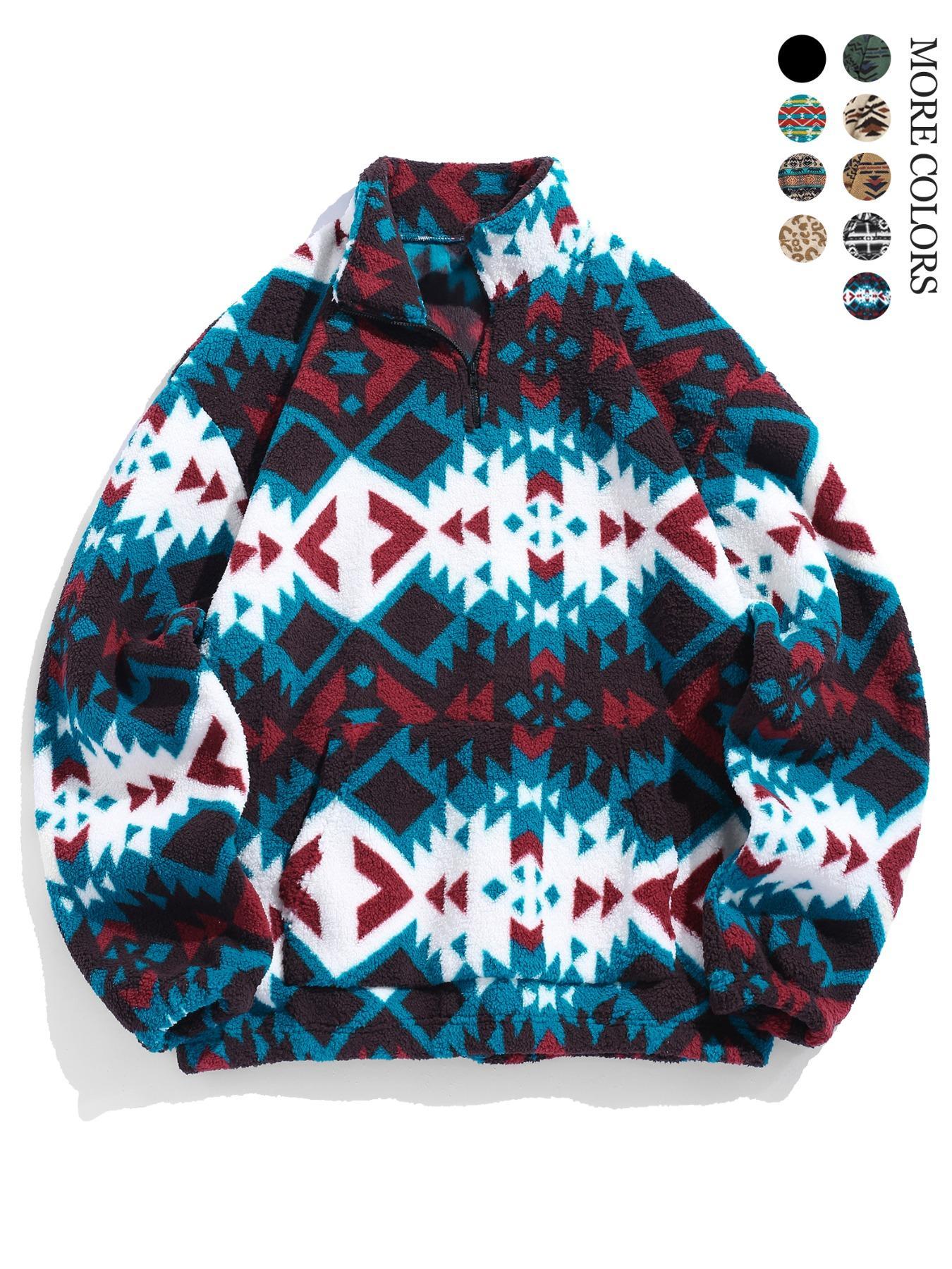 Men's Ethnic Pattern Drop Shoulder Zipper Sweatshirt, Regular Fit Casual Comfy Long Sleeve Stand Collar Pullover for Fall & Winter, Men's Clothes