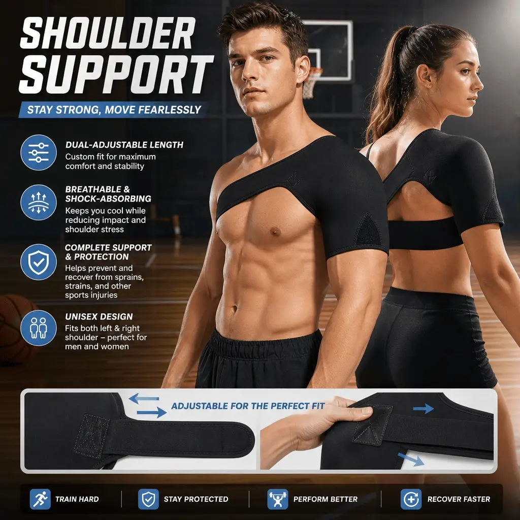 Level Up Your Game with This Breathable Shoulder Brace – Dual Adjustable, Anti-Slip, Shock-Absorbing, Unisex, for Basketball, Badminton, Gym, Running & More
