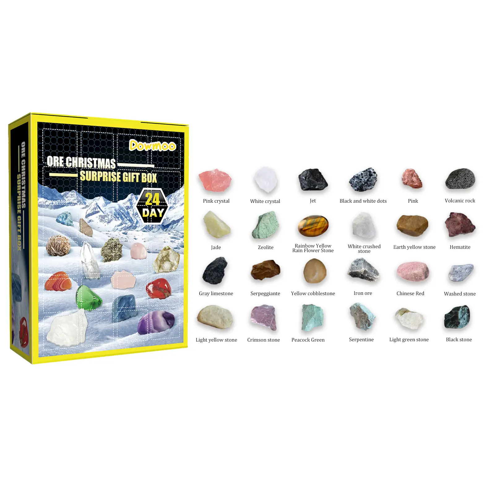 Dowmoo 24 Grid Cells Christmas Advent Calendar, Multicolor Crystal Gems Mineral Hunt Kit, Kids' Toy Rock Collecting Surprise Gifts Box
