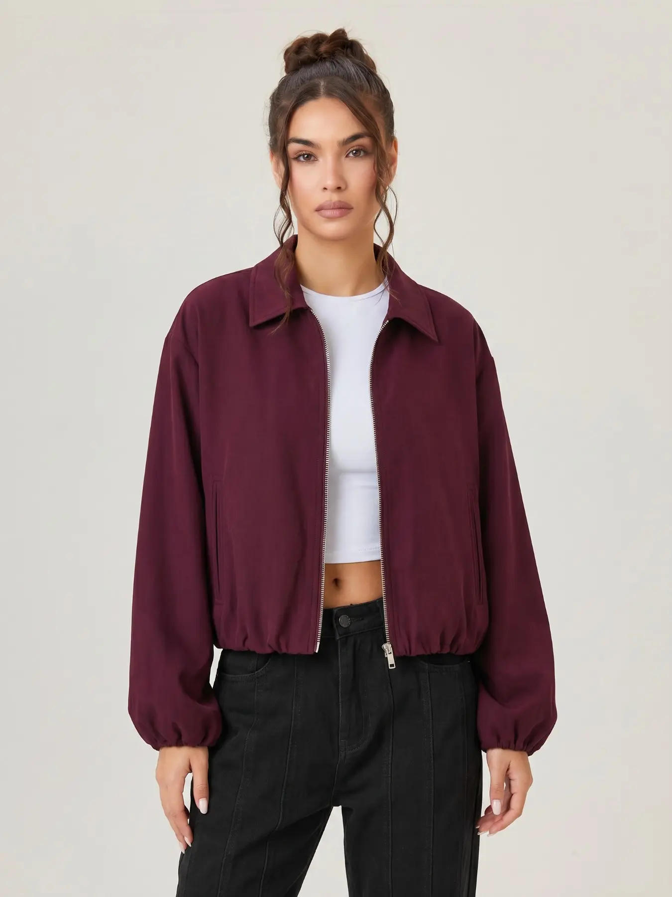 Women's Versatile Casual Solid Color Collared Zipper Cropped Trench Coat, Elegant Side Pocket Long Sleeve Outerwear for Fall & Winter, Windproof Lightweight Jacket, Light Warmth Daily Outfit #TikTokMadeMeBuyIt #Windbreaker #BomberJacket