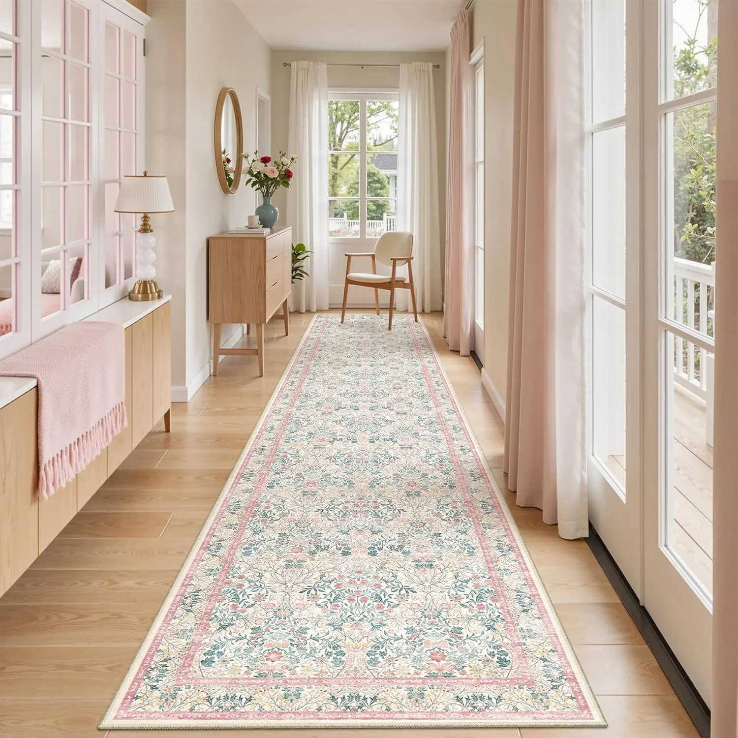 ComiComi 2x10 Runner Vintage Pink Rug, Floral Long Runner Rugs for Hallways, Non Slip Washable Kitchen Runner Rugs for Entryway, Runner Rugs For Bedroo, Laundry Room, Kids Room, Playroom, Nursery, Bathroom Rugs, Indoor Floor Decor(Pink,Green,Navy,Black)