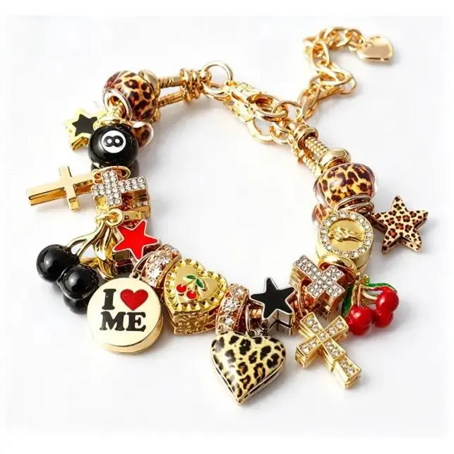 Y2K Punk Charm Stretch Bracelet for Women, Gold Tone Non-Magnetic Beaded Bracelet with Cherry, Leopard Star, 8 Ball & Cross Pendant, Streetwear Couple Jewelry Gift,Matching,Trust,Adjustable,bakelite,Heart jade men