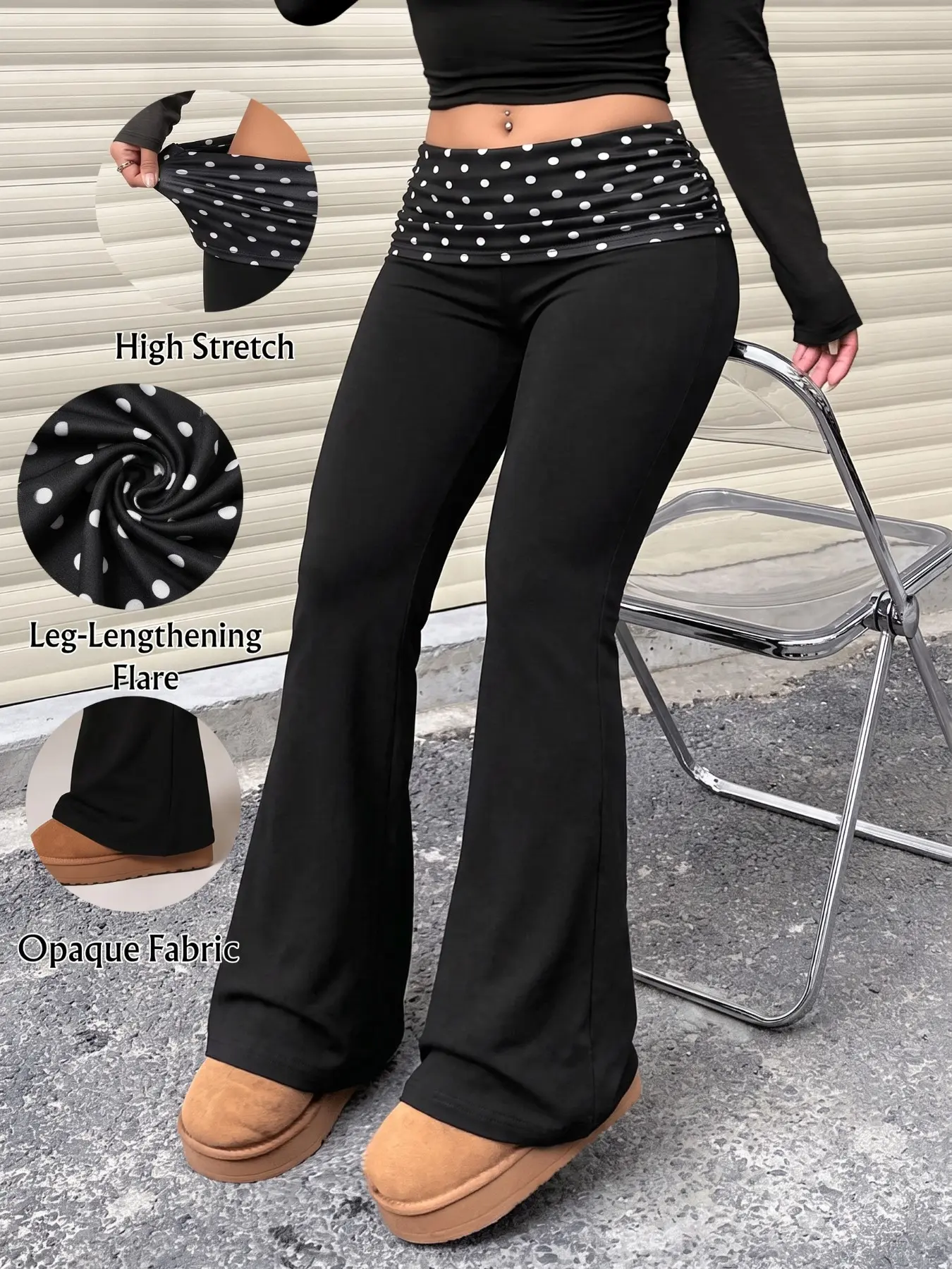 Polka Dot Foldover Waist Soft High‑Stretch Opaque Knit Fabric Y2K Streetwear Loungewear Daily Going‑out Flare Leggings, High Elastic Waistband, Leg‑Lengthening Slim Fit, Non‑See‑Through Bodycon Bootcut Flare Pants for Women Casual Club Party Weekend Vacat