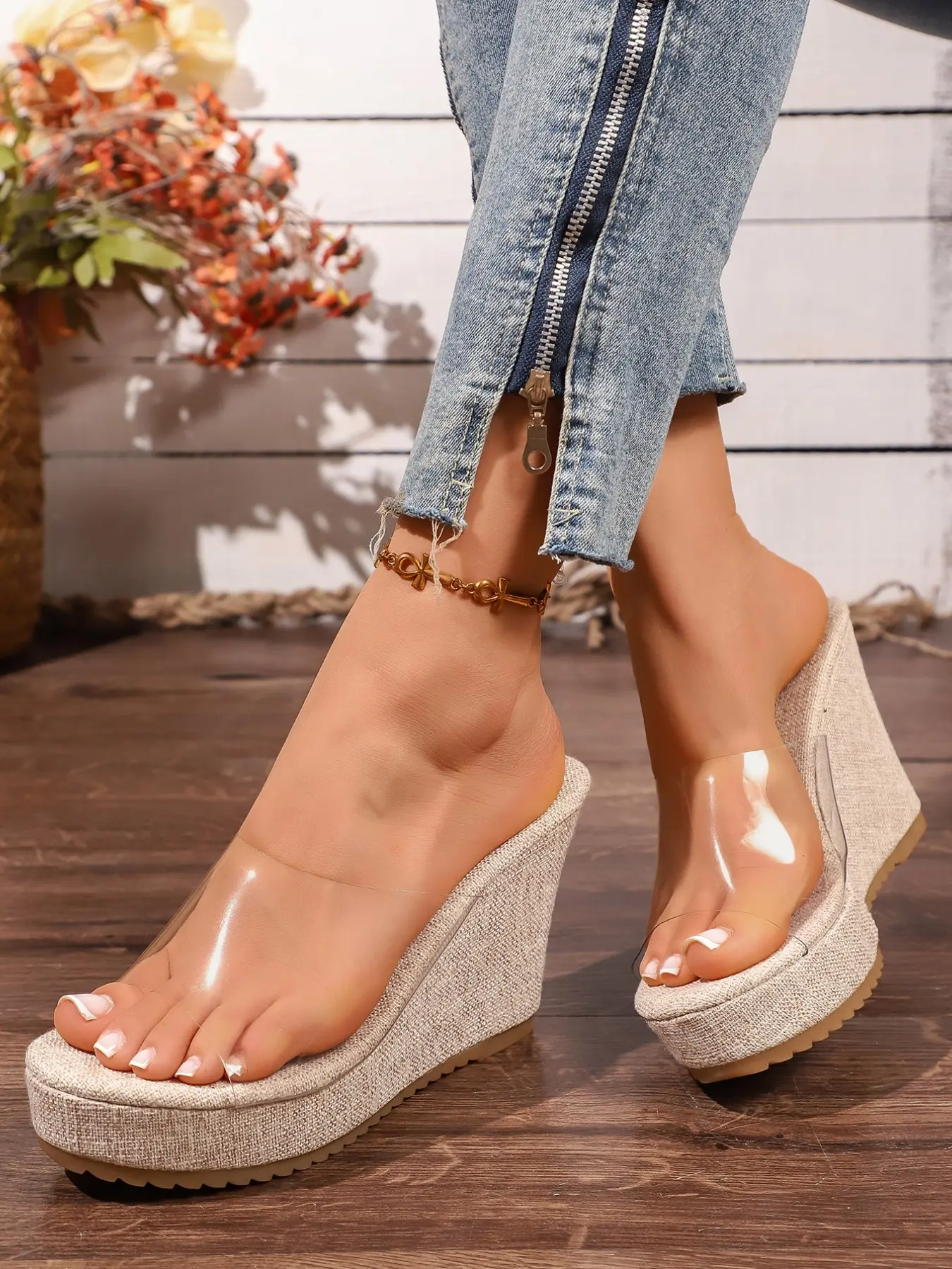 Crystal Clear Strap Wedge Sandals for Women, Thick Sole Waterproof Platform Open Toe High Heel Slippers, Ladies' Wedge Thick Bottom Shoes