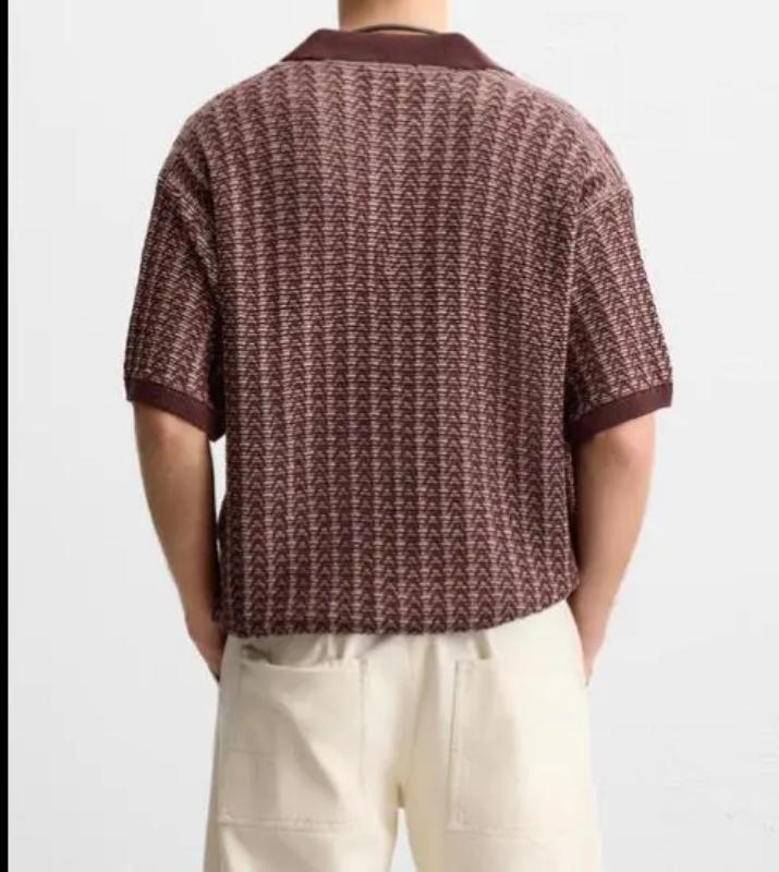 Kyn Apparel Men Brown Chevron Knit Polo Shirt Short Sleeve Loose Fit Retro Casual Textured Contrast Collar Top