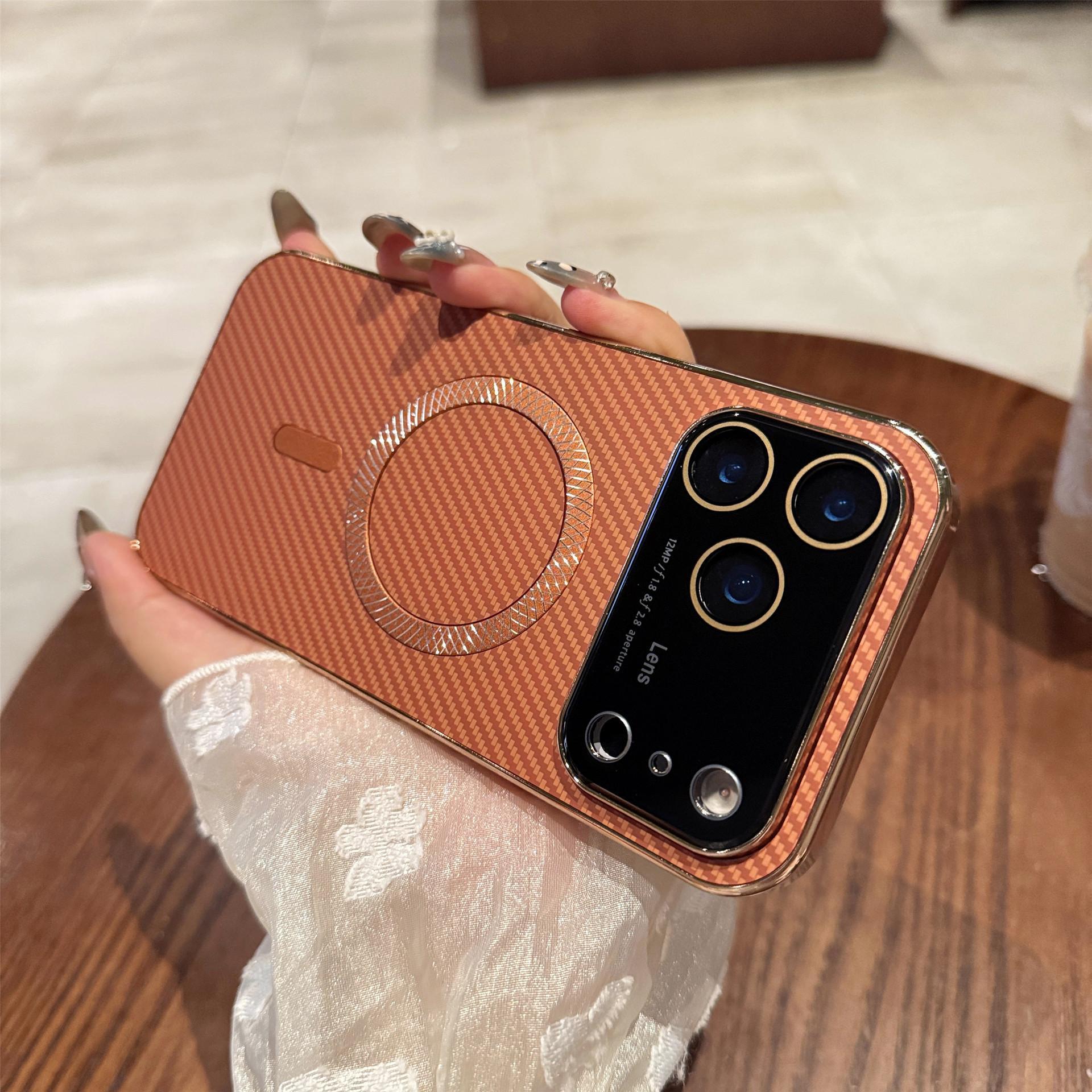 Suitable for iPhone 17 Magnetic Phone Case Rotating Stand iPhone 16 Pro Max Large Window Electroplated Fiber Texture