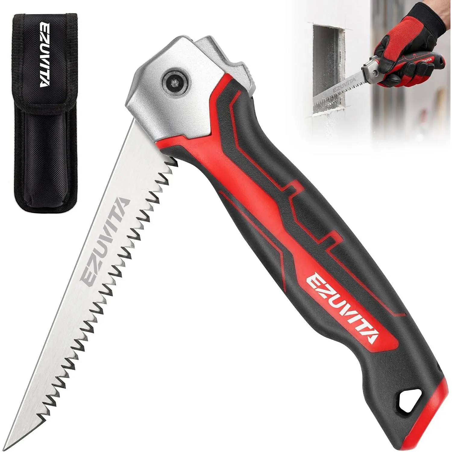 Folding Drywall Saw, Jab Saw with Triple-Ground 65Mn Blade for Drywall, Wood & Plywood, Handsaw with Safety Lock and Carry Sheath, Fathers Day Gift