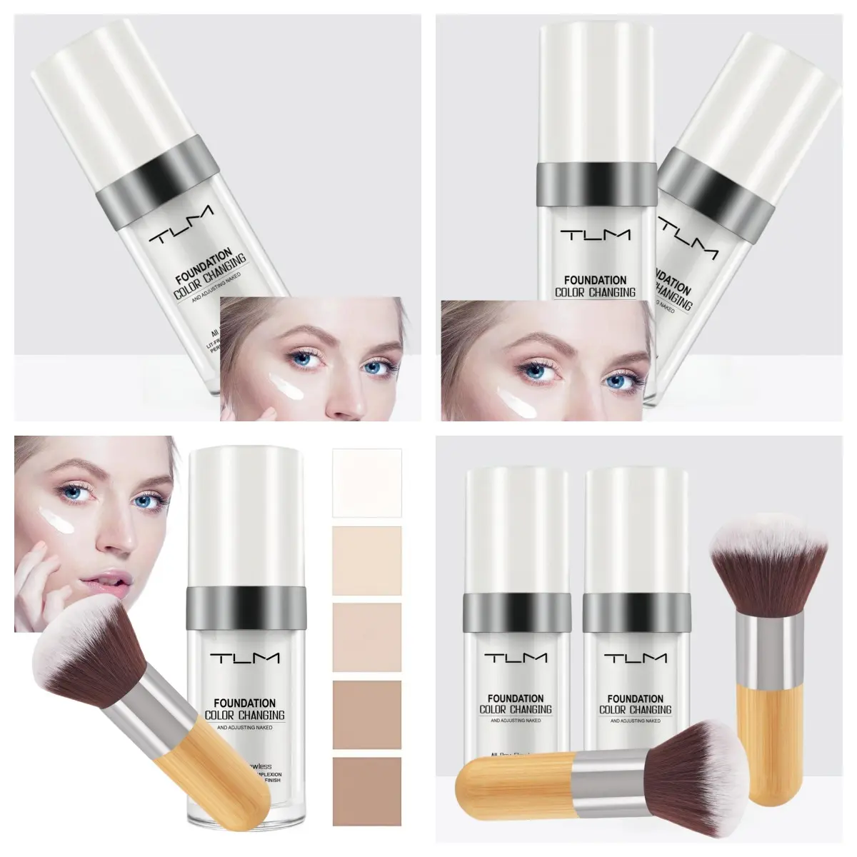 Color-Changing Flawless Foundation with Makeup Brush, Long-Lasting and Moisturizing Foundation in 1, 2 or 4 Counts, Natural Makeup for All Skin Tones, Hydrating Flawless Coverage