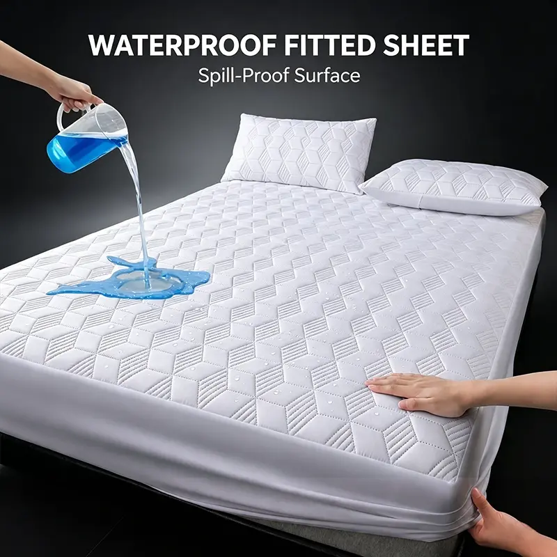 Simple Style Waterproof Bed Fitted Sheet, Quilted Mattress Protector, Elastic Band Firm Fit Home Bedding