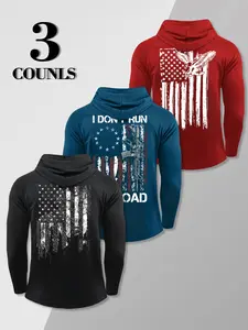 American Distressed Flag Eagle Gun Slogan Double Print Compression Hooded Long Sleeve 3 Pack, Quick Dry Stretch Tactical Gym Slim Hoodie