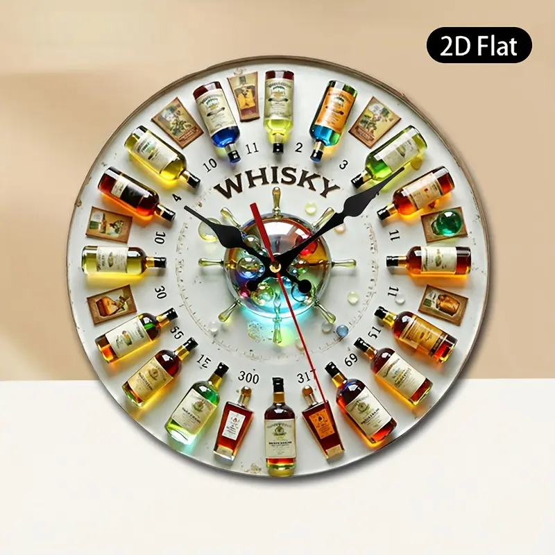 2D flat design. 1 piece set. Whiskey Bottle Creative Wall Clock, Silent Decorative Wall Clock, Creative Wall Clock, Suitable for Bedroom, Living Room, Office Decoration, 25/30cm (excluding AA batteries), 2D Flat Version