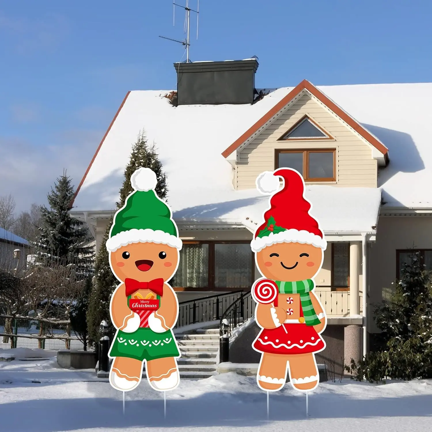 2 Pack Christmas Yard Signs, Outdoor Gingerbread Lawn Signs with 12 Stakes, Xmas Sign for Lawn Pathway, Winter New Year Decorations
