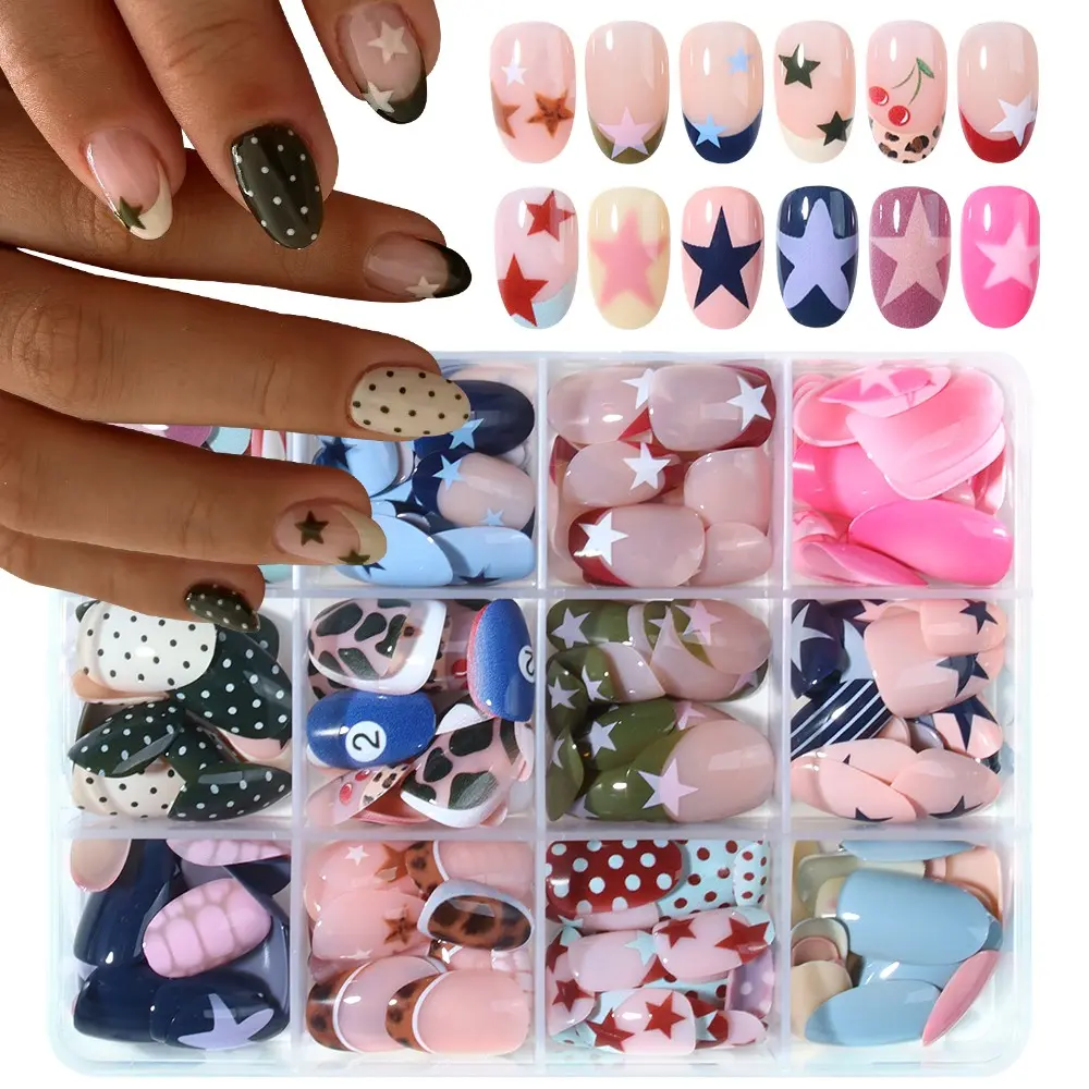 288pcs Short Oval Press-On Nails, Polka Dot Star Design, Reusable, Multiple Sizes, Includes Jelly Glue and Nail File, Easy to Wear