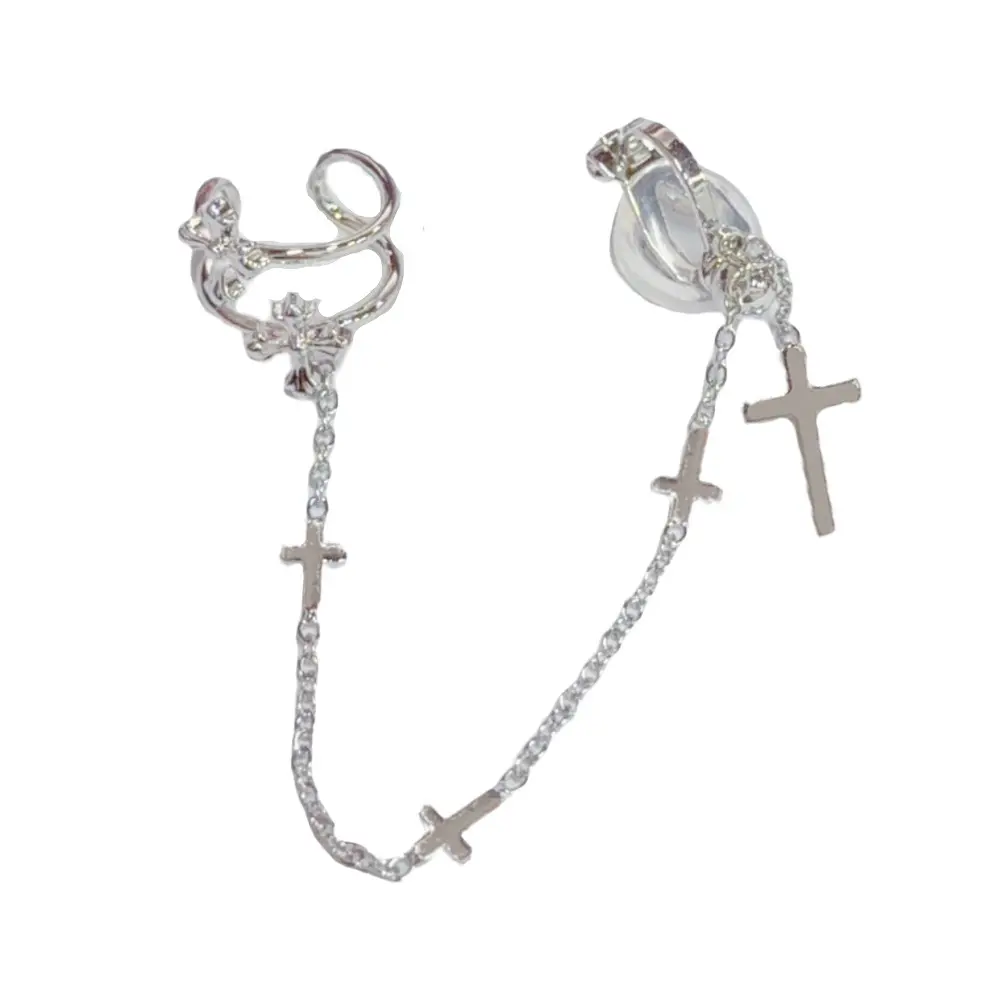 A pair Silver Cross Earring Chain Ear Cuff Stud To Cartilage Wrap Y2K Grunge Aesthetic Jewelry Asymmetrical Dangle For Everyday Edgy Look