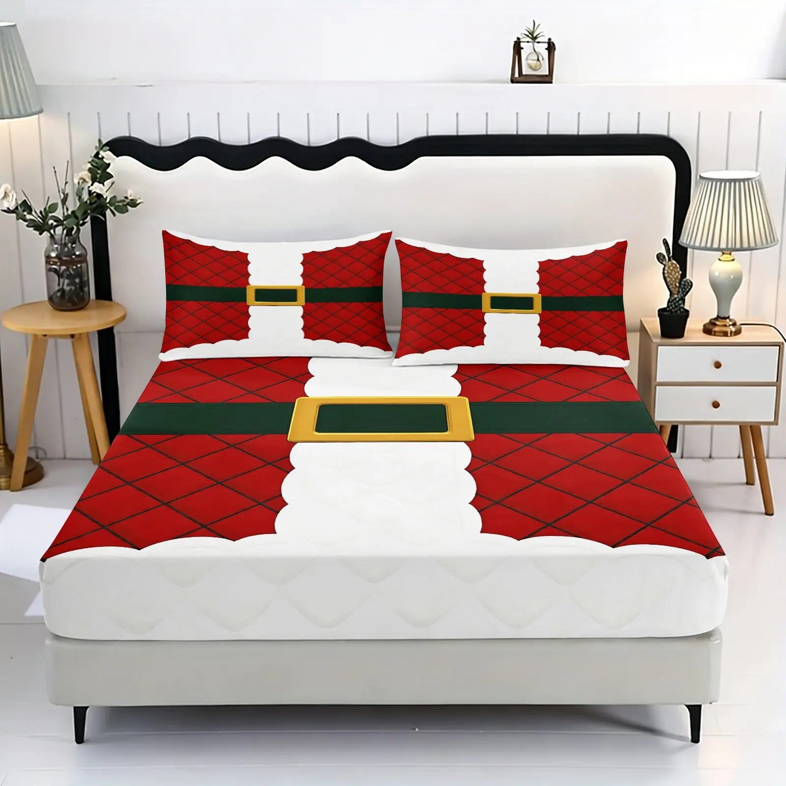 3pc Santa Claus Belt Christmas Print Bedding Set, including 1 bed sheet and 2 pillowcases (without filling material). A great gift for friends. Suitable for single beds, double beds. Multiple sizes available. Perfect for bedrooms, dormitories, guest rooms