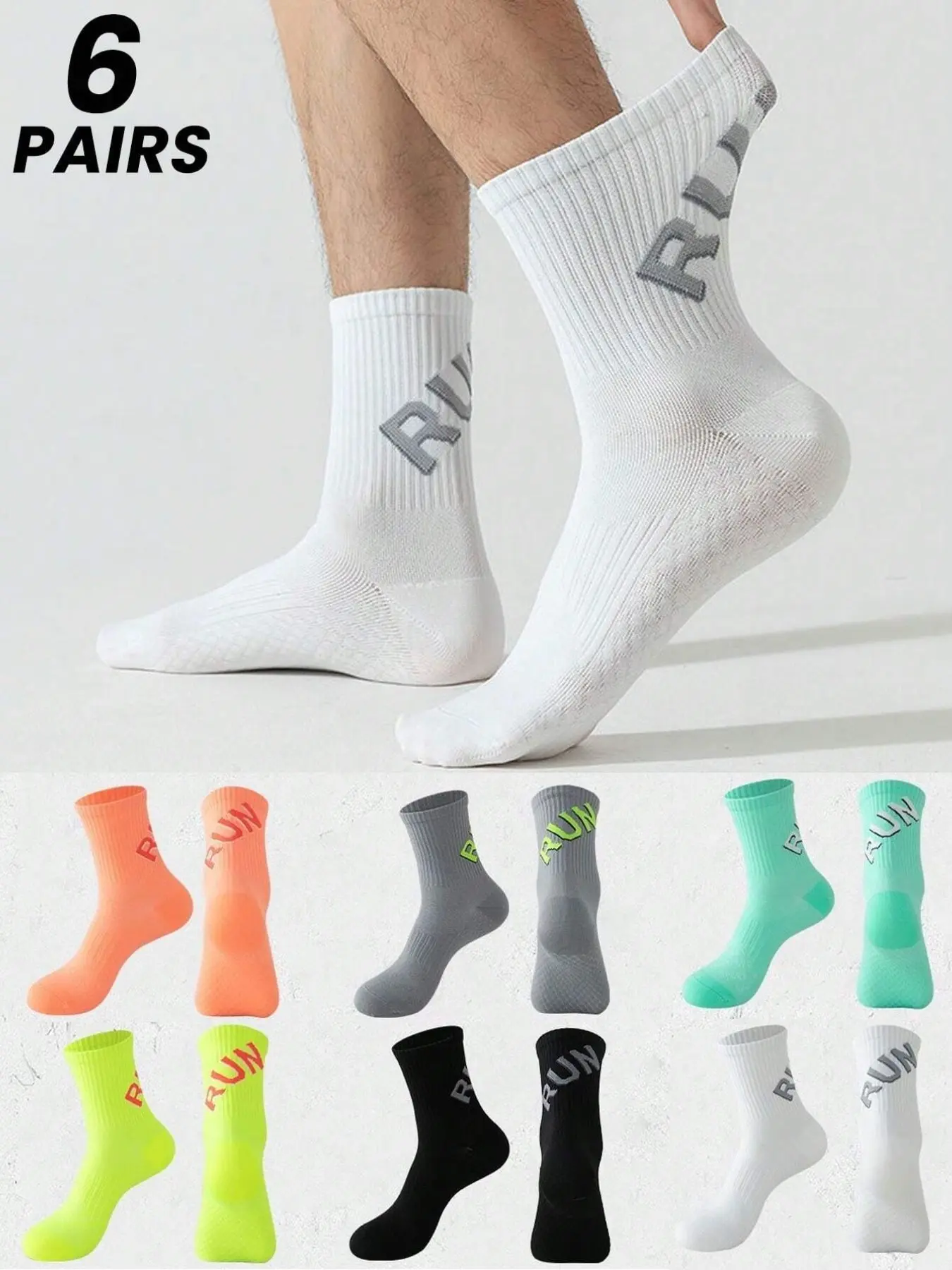 6 Pairs Men's Sporty Crew Socks, Letter Pattern, Honeycomb Massage Bottom, Quick-Dry Running Socks, Breathable Marathon Socks, Sports Running Socks, All Seasons