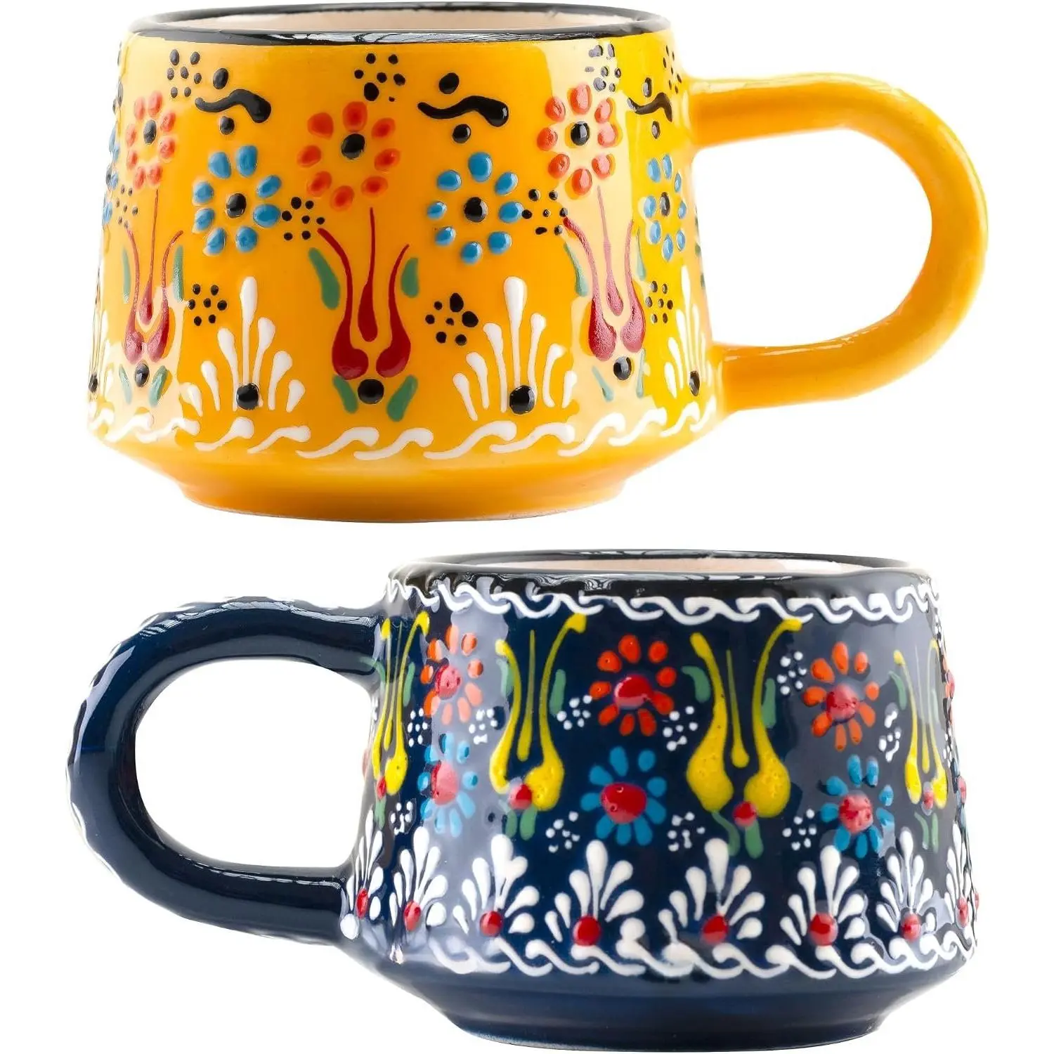 6 Oz Cappuccino Cups Set of 2, Hand-Painted Ceramic Coffee &  Mugs | Black & Yellow | 3-Inch Cups | Dishwasher & Microwave Safe | For Cappuccino, Espresso, Coffee, , Latte & Hot