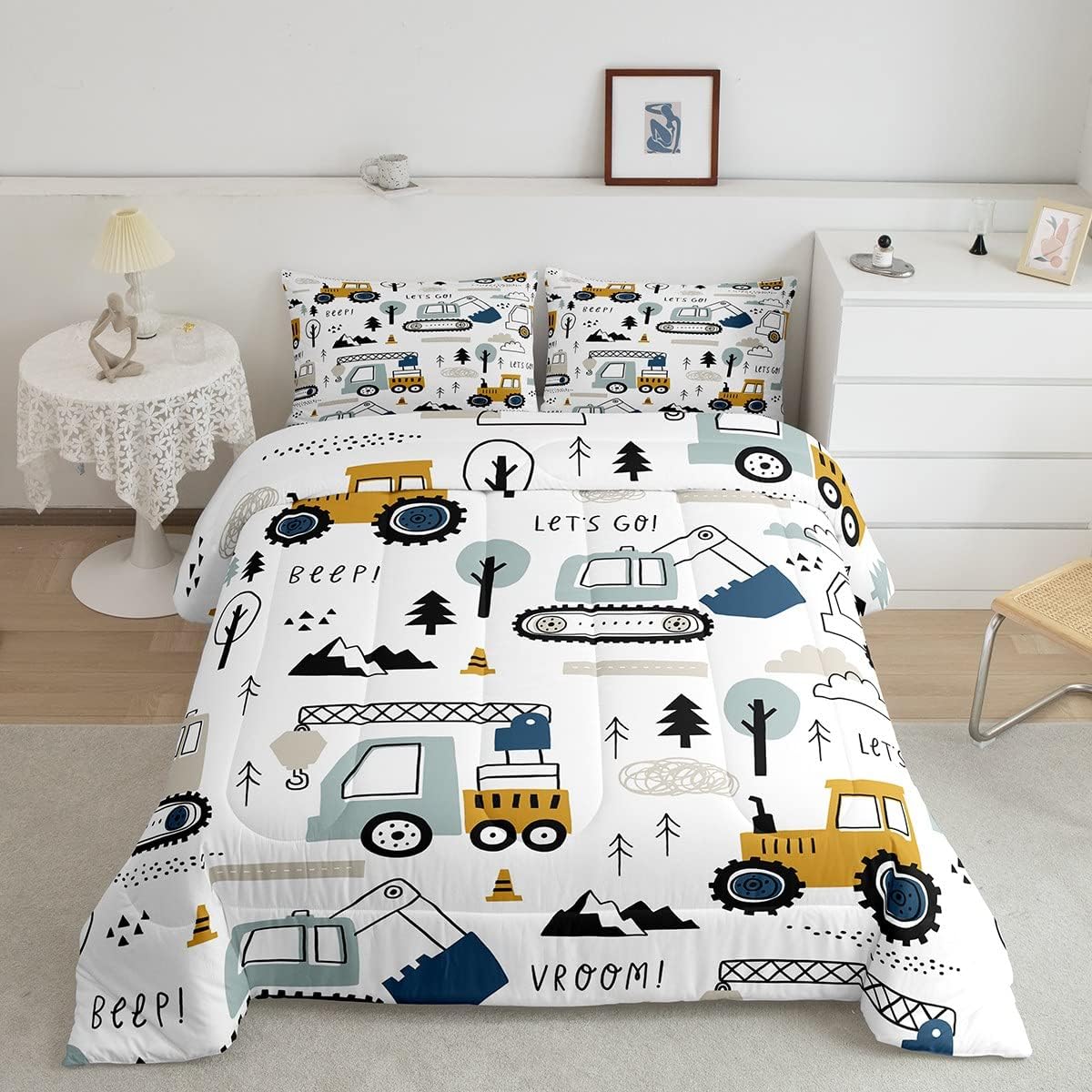 Cartoon Car Comforter Set,Construction Bedding Set,Room Decor Equipment Trucks Comforter All Season Excavator Tractor White Yellow Duvet Set