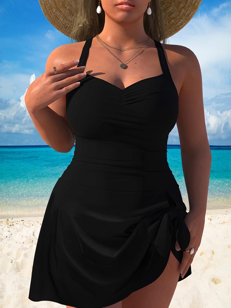 Women's Plus Size Navy Blue Floral Print Swimdress - Halter Neck Tie Side One Piece Swimsuit for Modest Beach & Vacation