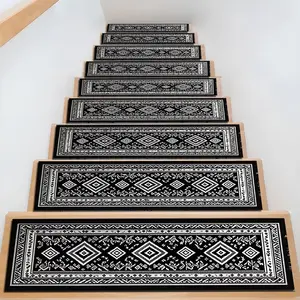 1/4/15pcs Vintage Black White Ethnic Geometric Diatom Mud Stair Treads, Super Absorbent Non Slip Carpet Mats for Wood Steps, Quick Drying Moisture Wicking Stair Runners, Anti Slip Washable Rugs for Dogs Kids Elderly
