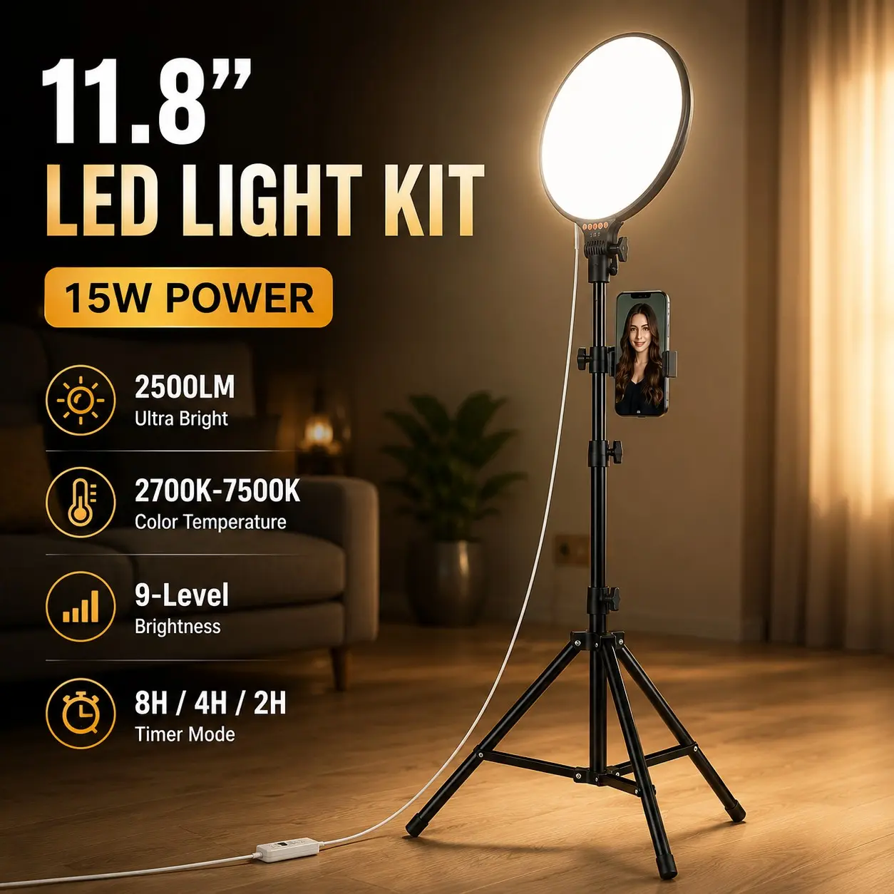 Hot-selling 11.8-inch large ring light with tripod set, 15W professional photography fill light vlog kit, 2700-7500K color temperature, adjustable brightness, comes with stand and phone holder, perfect for TikTok shooting, live streaming, videos, content